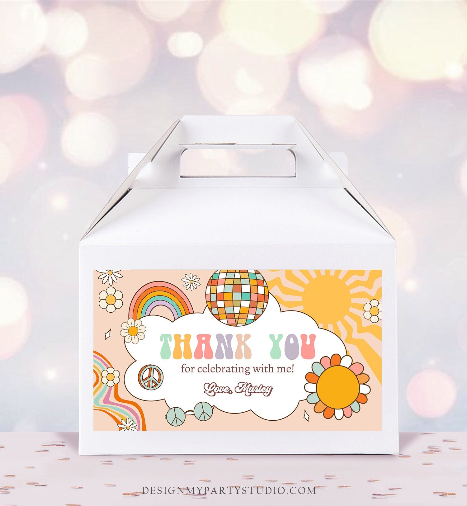 Editable Groovy Birthday Party Gable Box Favor Label Hippie 70's Gift Box Labels Boho Rainbow Daisy Two Groovy Download Printable Corjl 0459