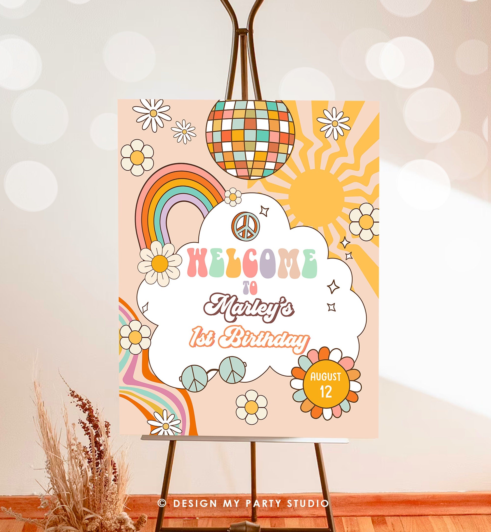 Editable Groovy Birthday Welcome Sign Floral Boho Birthday Welcome Sign Retro 70's Hippie Festival Download Template Corjl PRINTABLE 0459