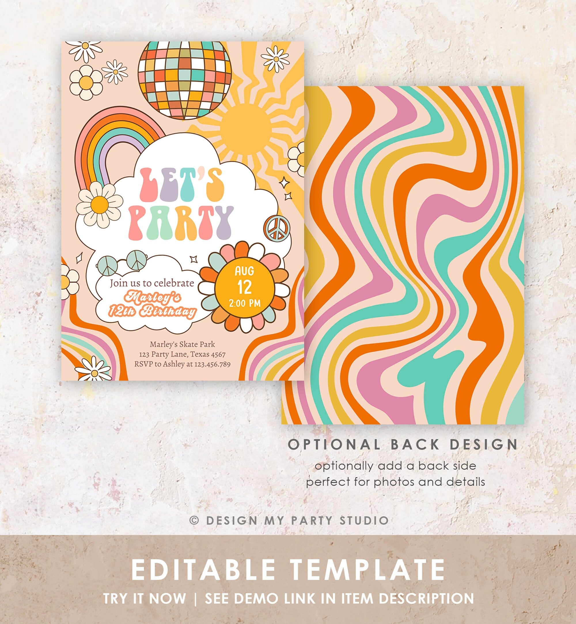 Editable Groovy Birthday Party Invitation Let's Party Birthday Hippie Boho Retro Flower Power 70's Girl Download Template Corjl Digital 0459