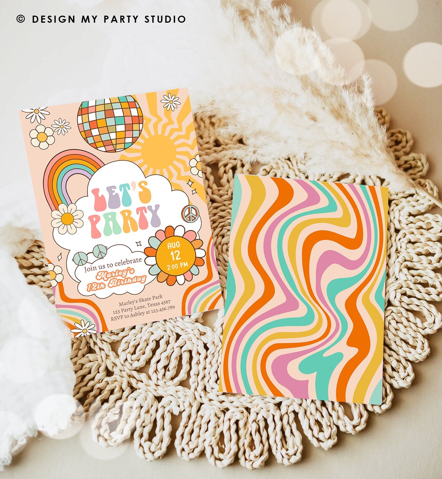 Editable Groovy Birthday Party Invitation Let's Party Birthday Hippie Boho Retro Flower Power 70's Girl Download Template Corjl Digital 0459