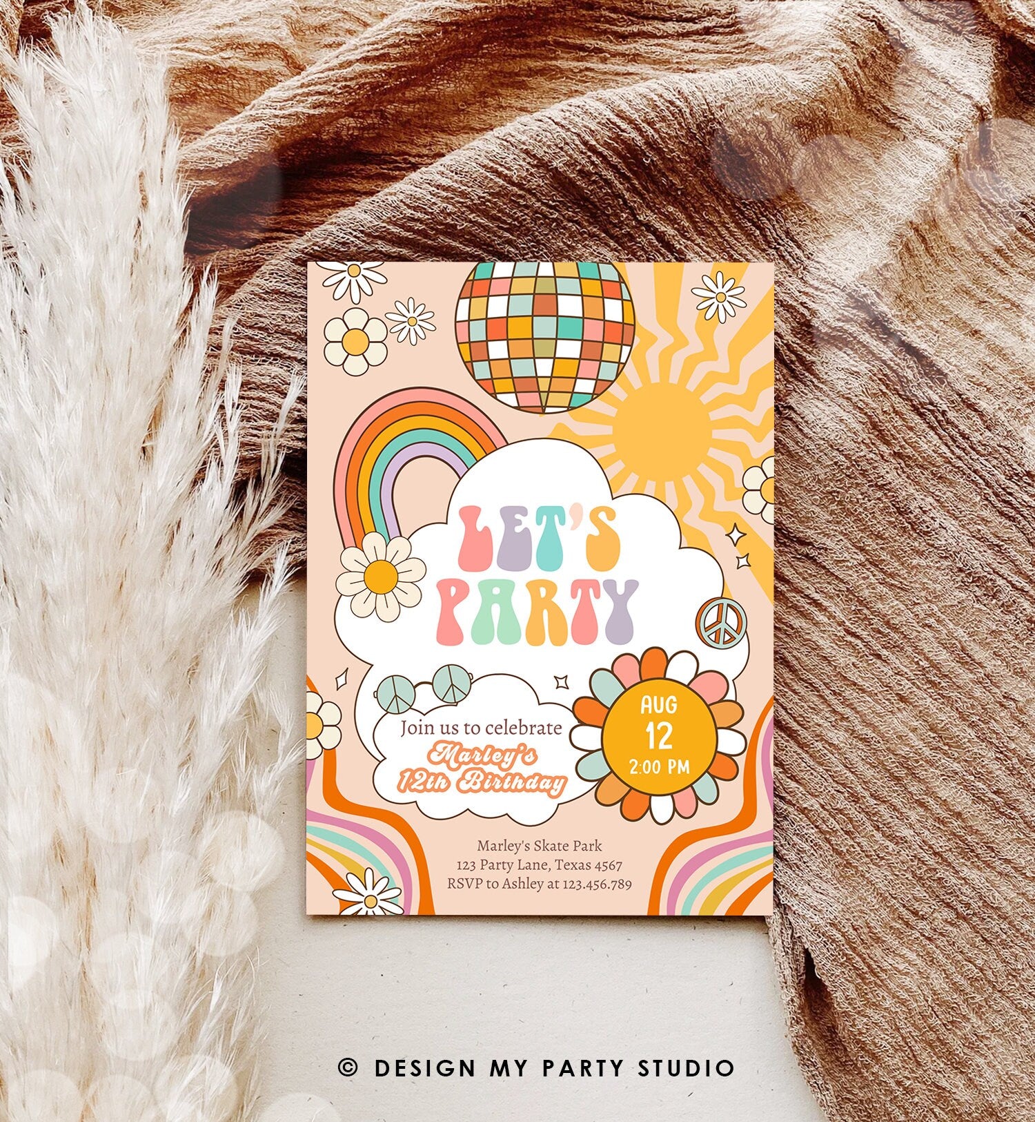 Editable Groovy Birthday Party Invitation Let's Party Birthday Hippie Boho Retro Flower Power 70's Girl Download Template Corjl Digital 0459