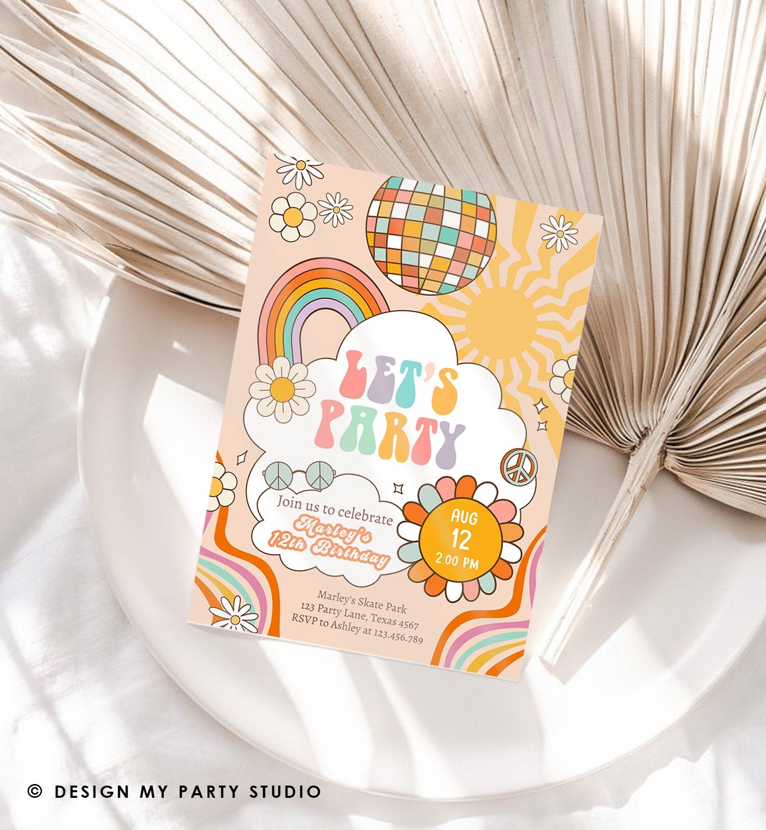 Editable Groovy Birthday Party Invitation Let's Party Birthday Hippie Boho Retro Flower Power 70's Girl Download Template Corjl Digital 0459