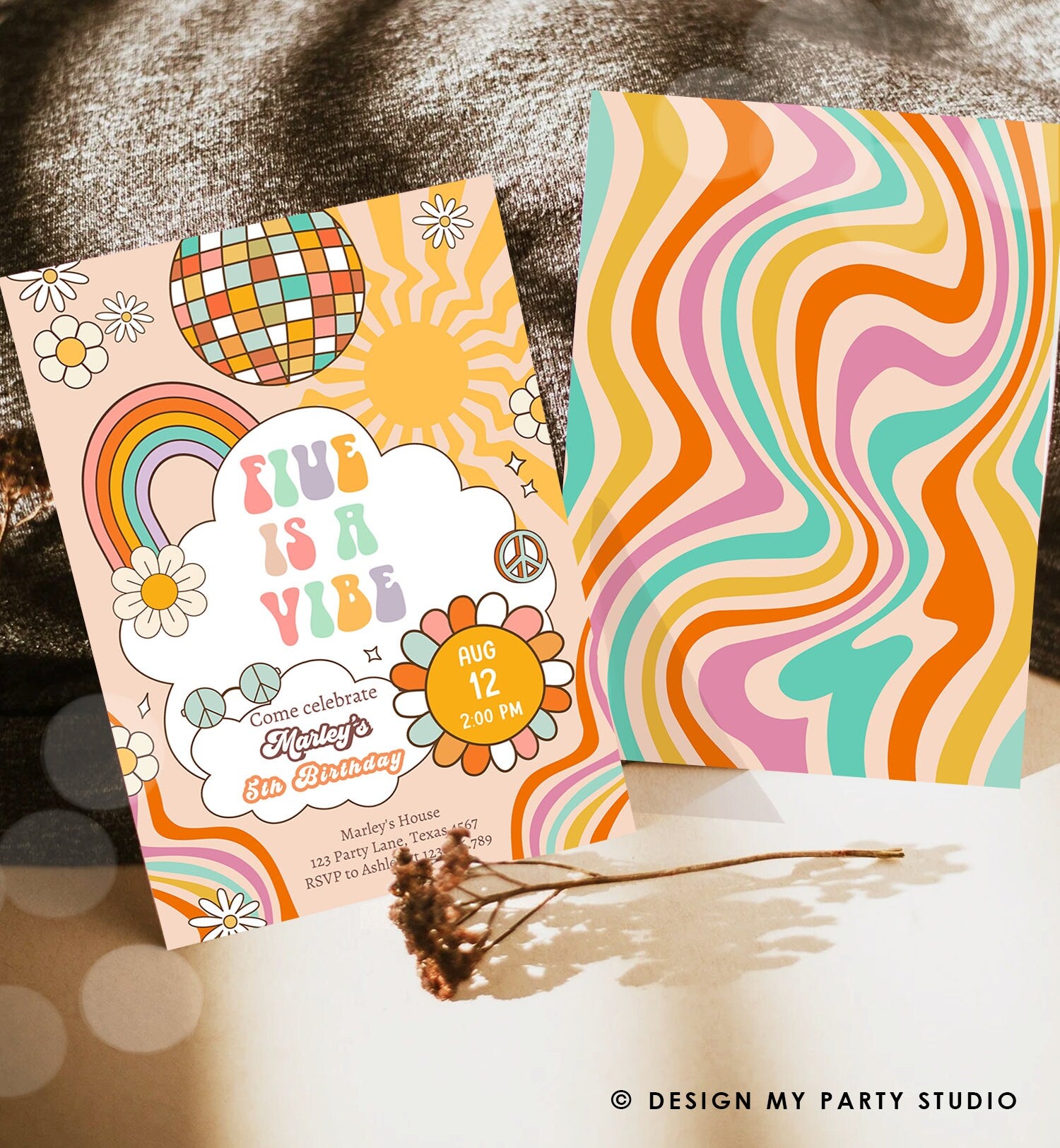 Editable Five Is A Vibe Groovy Birthday Invitation 5th Birthday Retro Invite Rainbow Peace Love Party Download Template Corjl Digital 0459