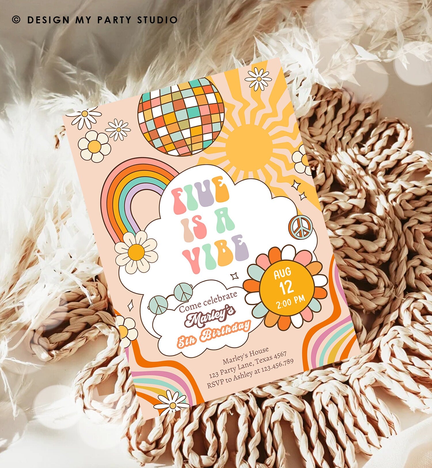 Editable Five Is A Vibe Groovy Birthday Invitation 5th Birthday Retro Invite Rainbow Peace Love Party Download Template Corjl Digital 0459