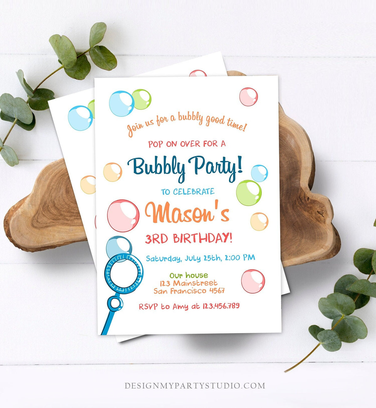 Editable Bubble Birthday Invitation Bubbles Birthday Party Invite Pop Boy Blue Green Summer Download Printable Template Corjl Digital 0035