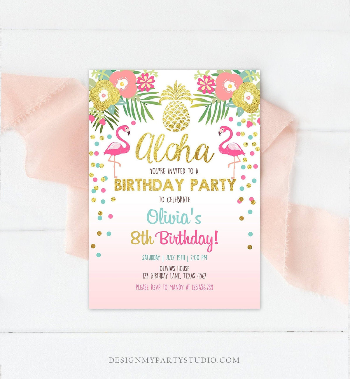 Editable Aloha Birthday Invitation Tropical Flamingo Luau Party Leaves Confetti Pink Gold Pineapple Hawaiian Evite Template Printable 0200