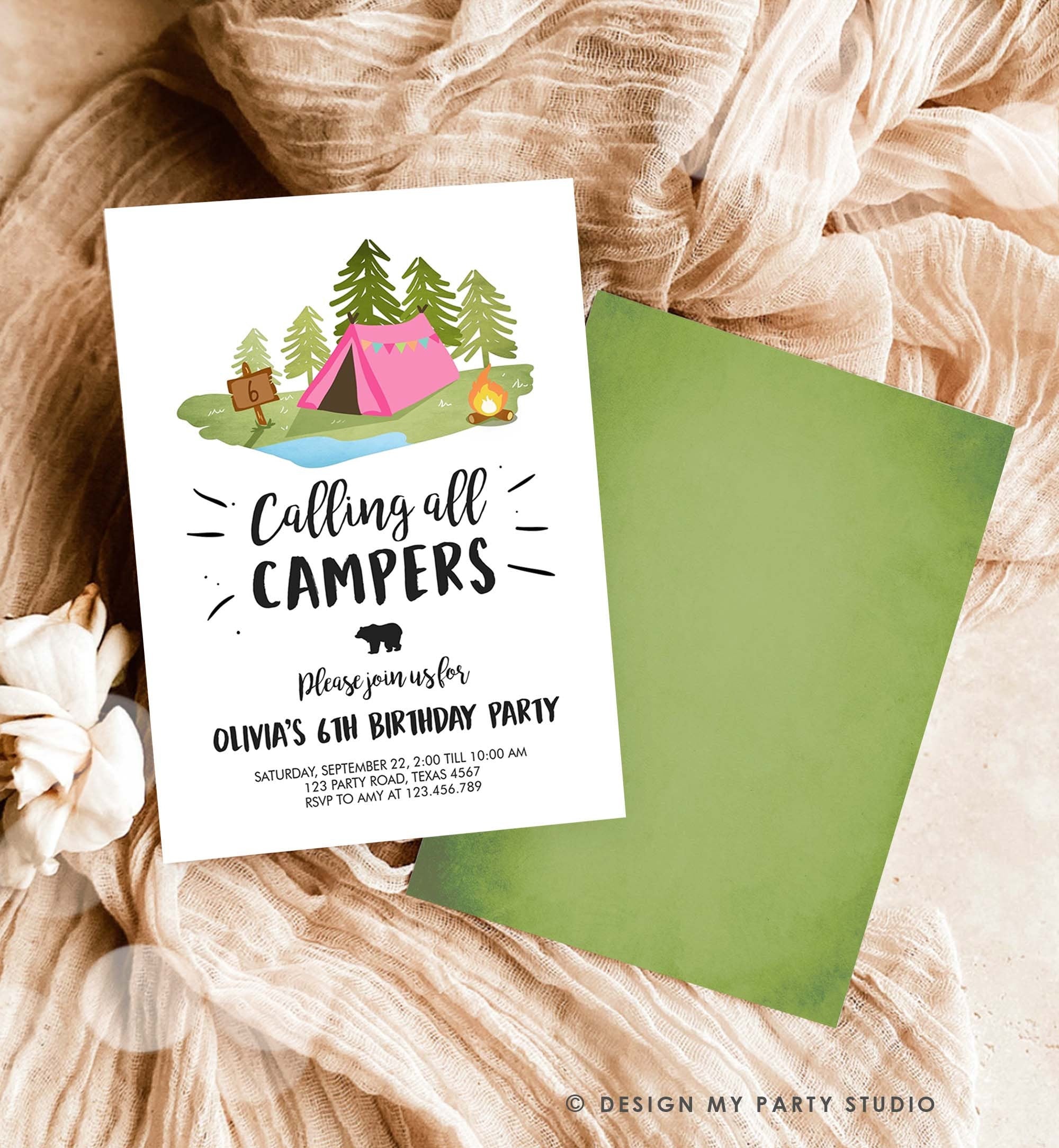 Editable Glamping Party Invitation Camp Out Birthday Invite Bonfire Outdoor Camping Tent Girl Pink Download Printable Template Corjl 0302