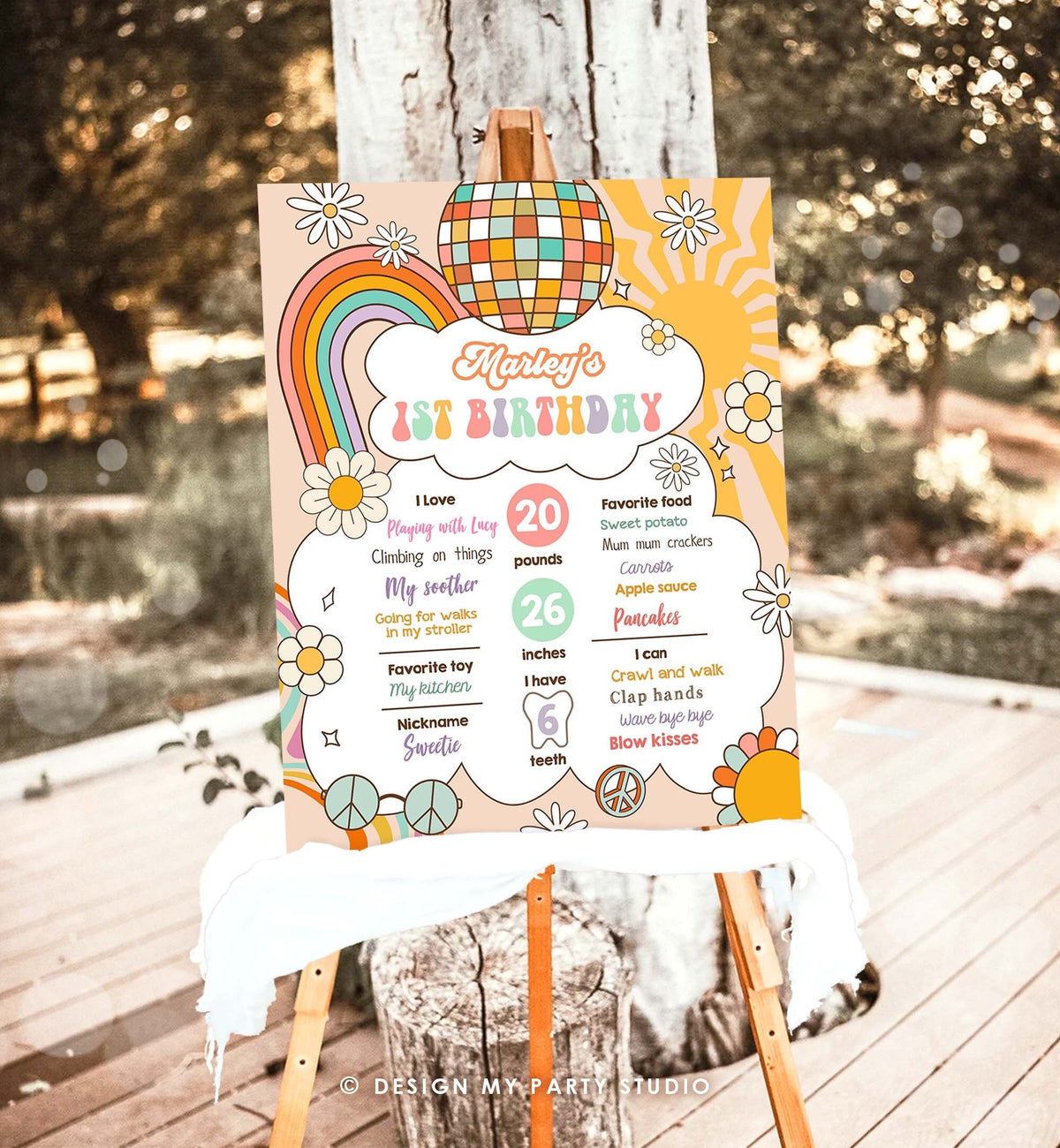 Editable Retro Groovy Birthday Milestones Sign Girl 1st First Birthday Hippie Flower Power 70&#39;s Boho Download Corjl Template Printable 0459