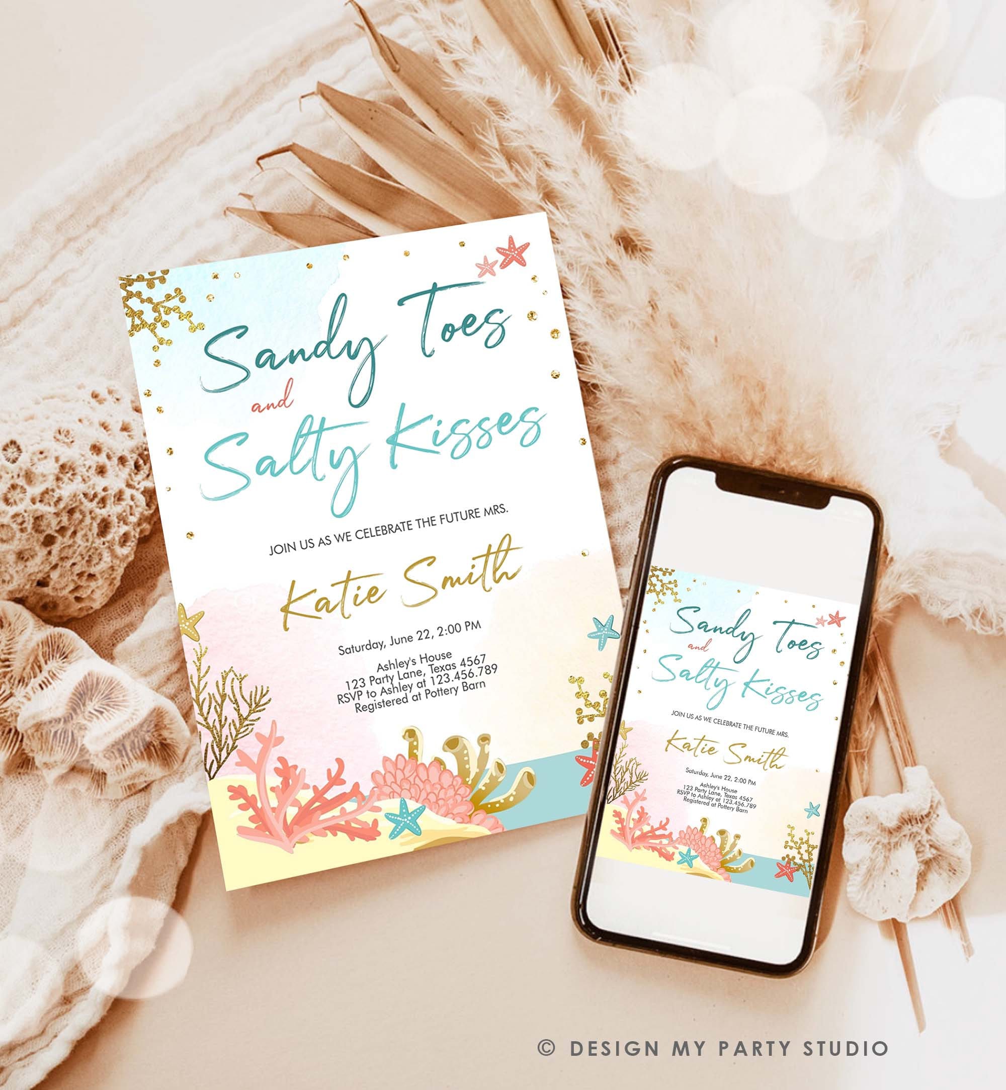 Editable Beach Theme Bridal Shower Invitation Sandy Toes and Salty Kisses Nautical Gold Coral Download Printable Template Corjl 0129