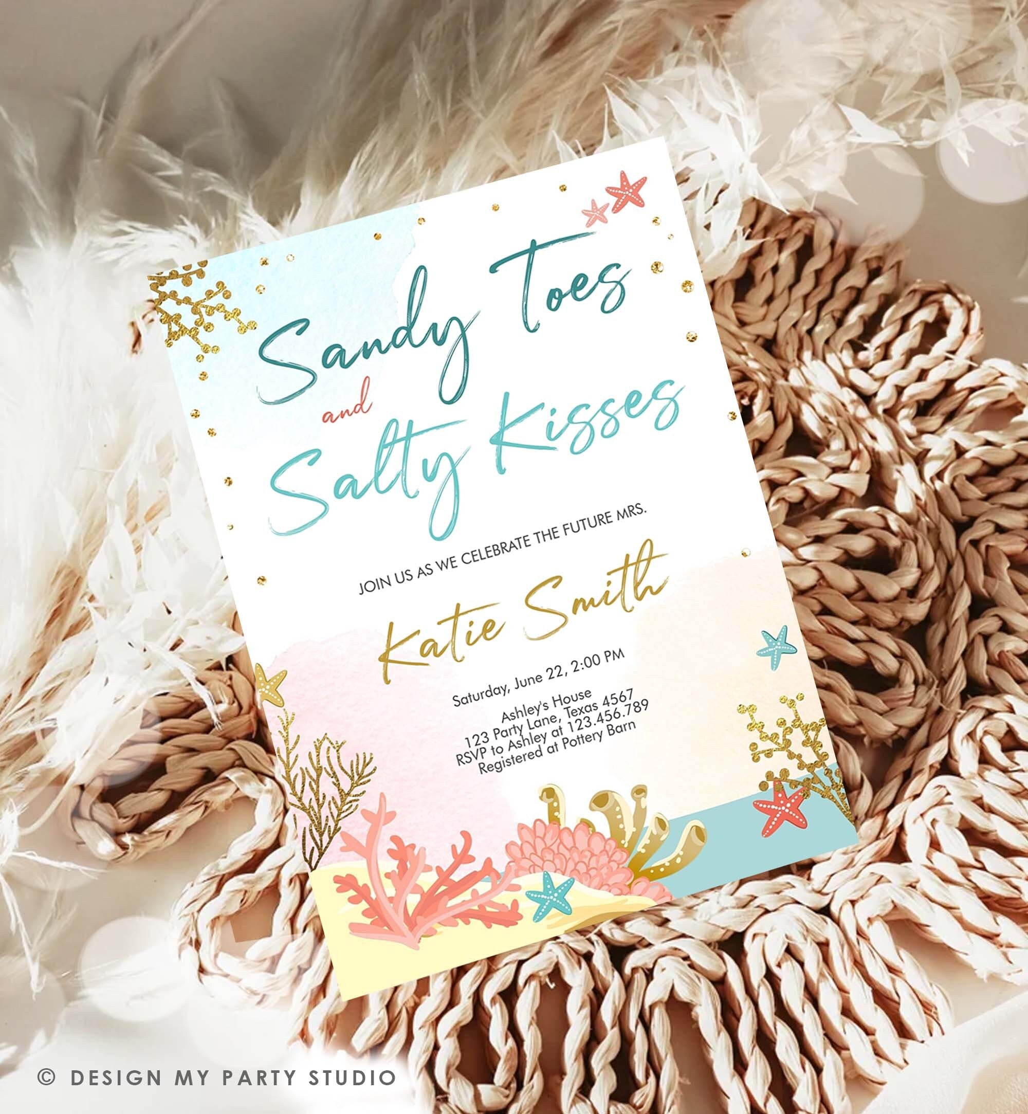 Editable Beach Theme Bridal Shower Invitation Sandy Toes and Salty Kisses Nautical Gold Coral Download Printable Template Corjl 0129