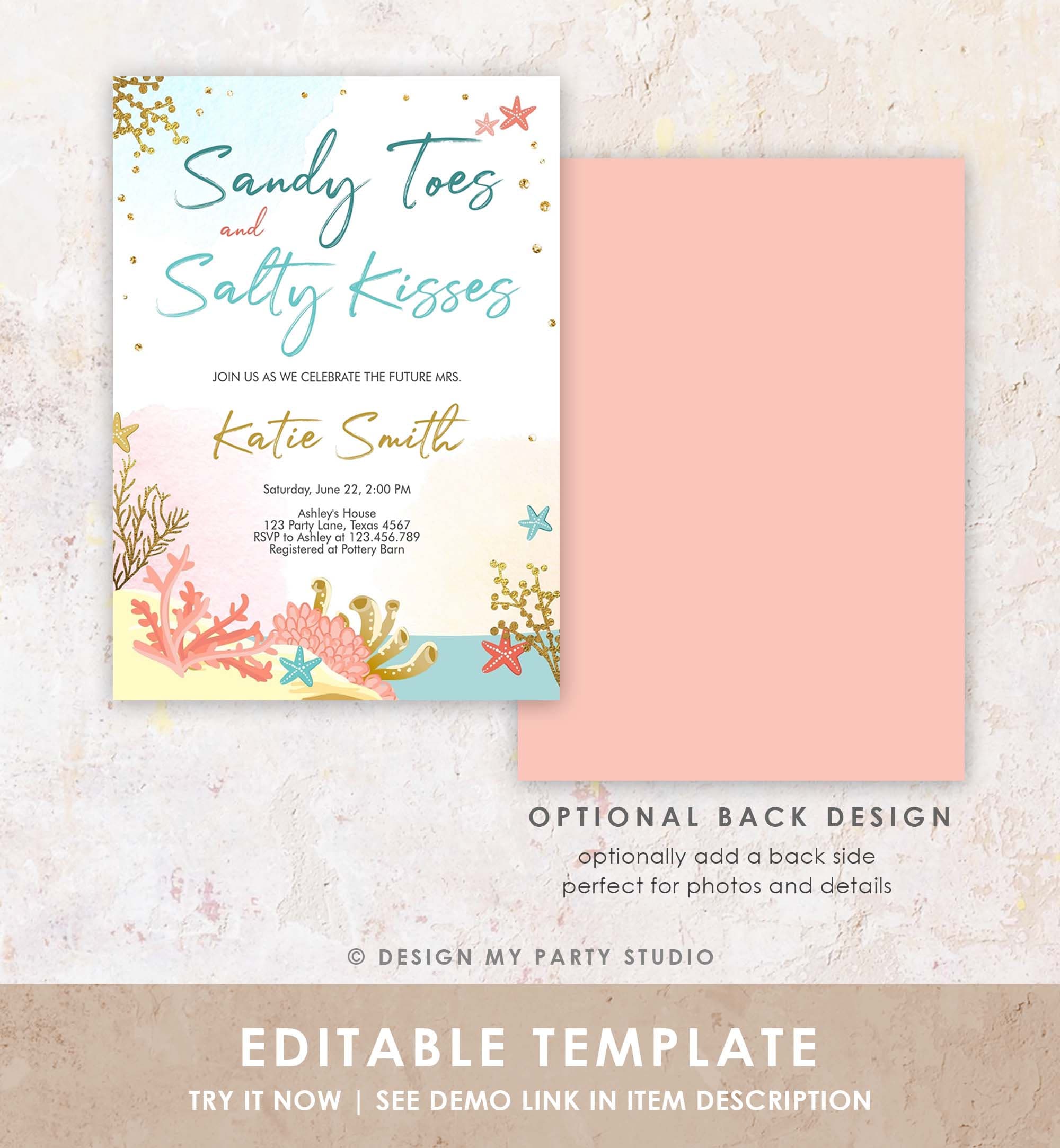 Editable Beach Theme Bridal Shower Invitation Sandy Toes and Salty Kisses Nautical Gold Coral Download Printable Template Corjl 0129