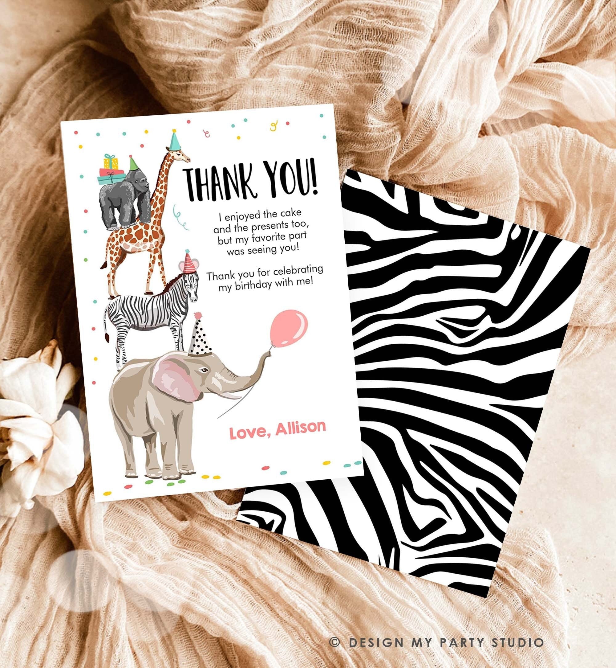 Editable Thank You Card Party Animals Thank you Note Wild Safari Animals Girl Jungle Zoo Download Printable Template Digital Corjl 0142