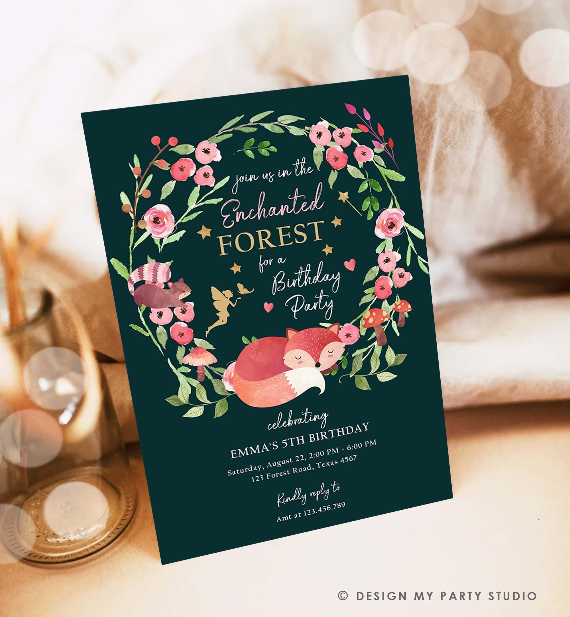 Editable Enchanted Forest Birthday Invitations Woodland Fairy Party Invite Girl Pink Fairies Toadstool Printable Template Digital Corjl 0173