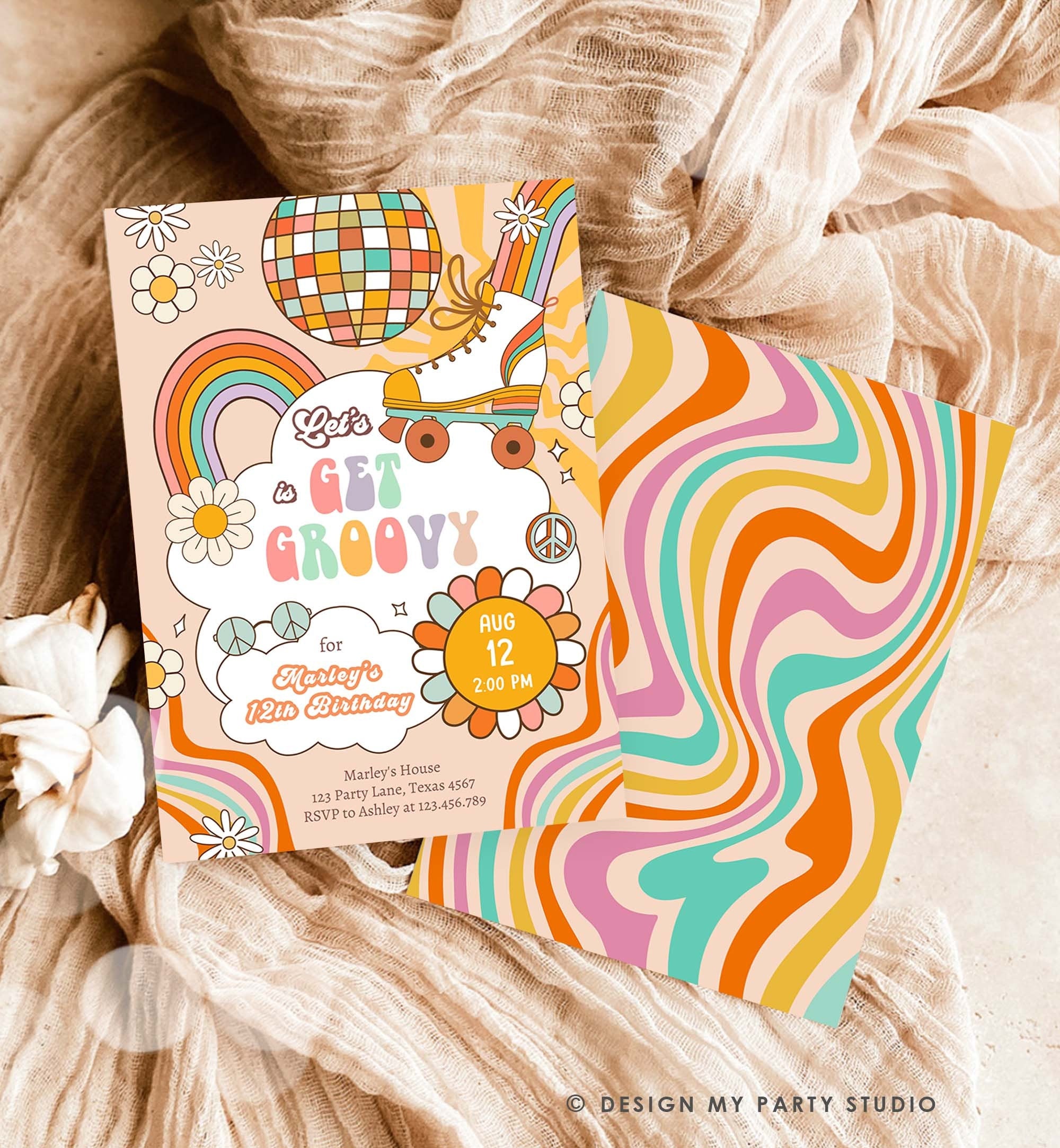 Editable Get Groovy Retro Roller Skate Birthday Party Invitation Let's Roll Skating Rainbow 70's Digital Download Template Printable 0459