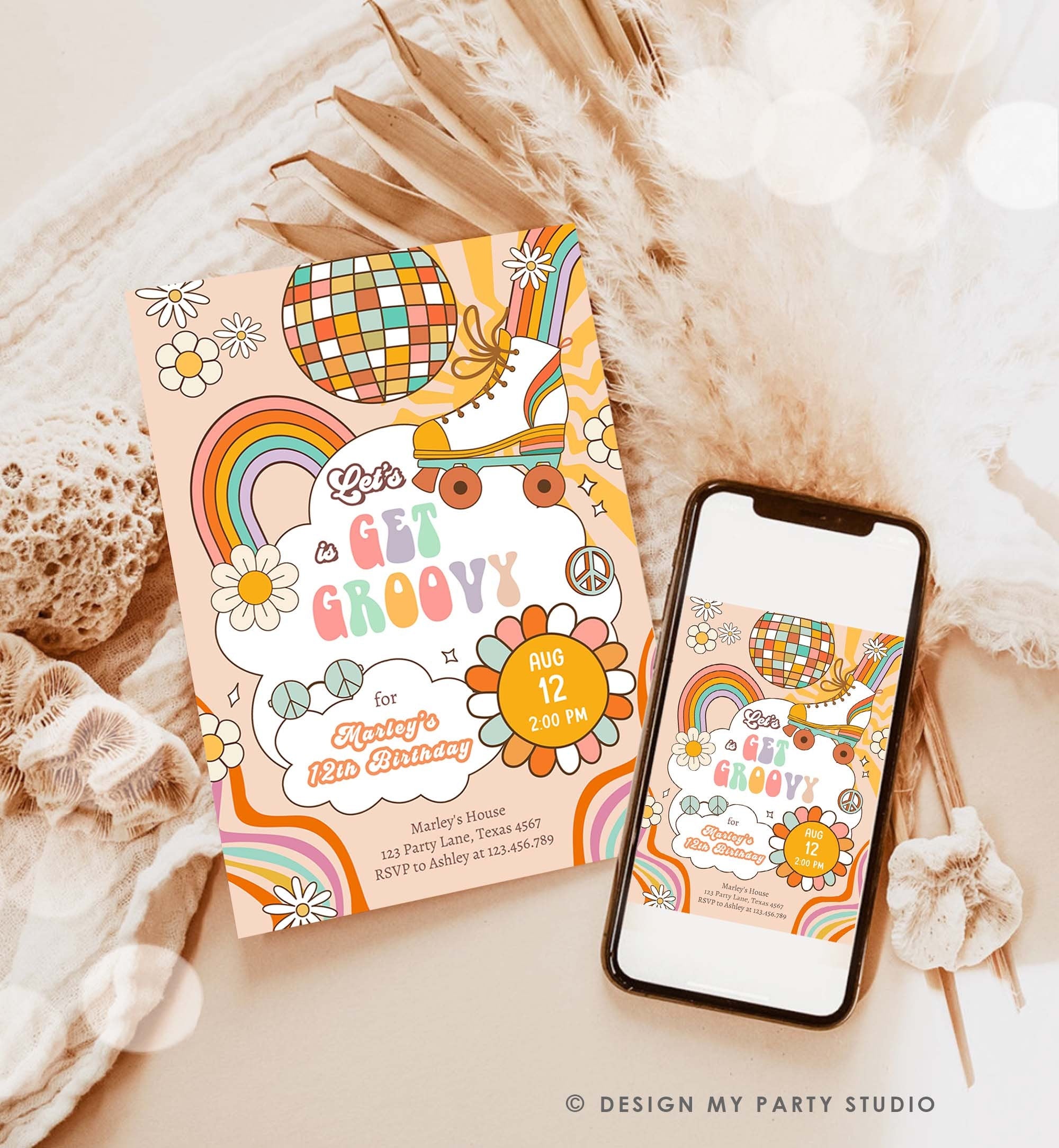 Editable Get Groovy Retro Roller Skate Birthday Party Invitation Let's Roll Skating Rainbow 70's Digital Download Template Printable 0459