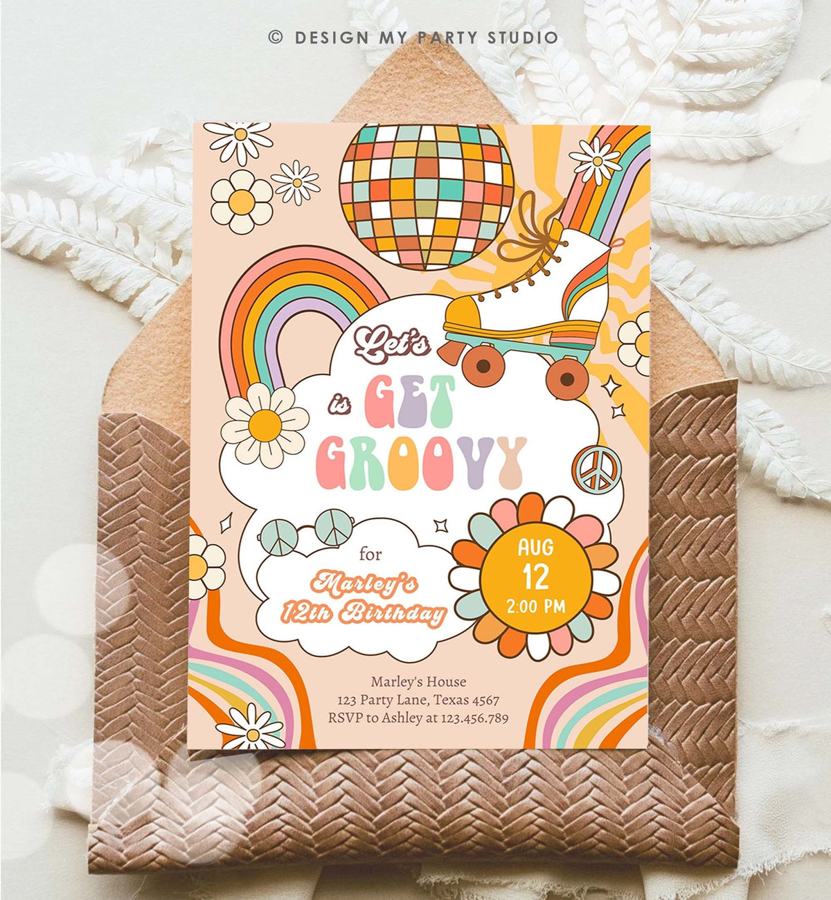 Editable Get Groovy Retro Roller Skate Birthday Party Invitation Let&#39;s Roll Skating Rainbow 70&#39;s Digital Download Template Printable 0459