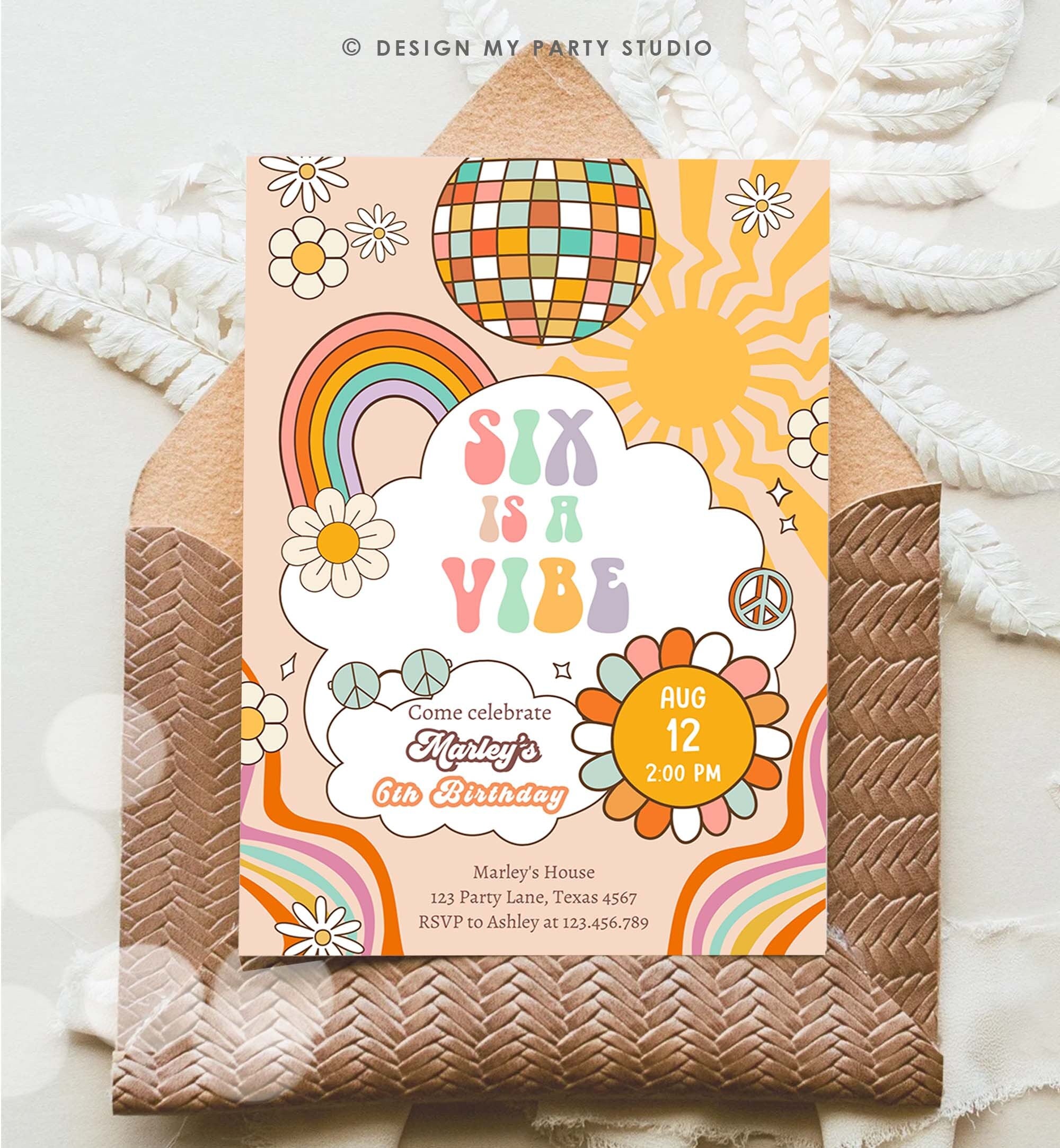 Editable Six Is A Vibe Groovy Birthday Invitation 6th Birthday Retro Invite Rainbow Peace Love Party Download Template Corjl Digital 0459