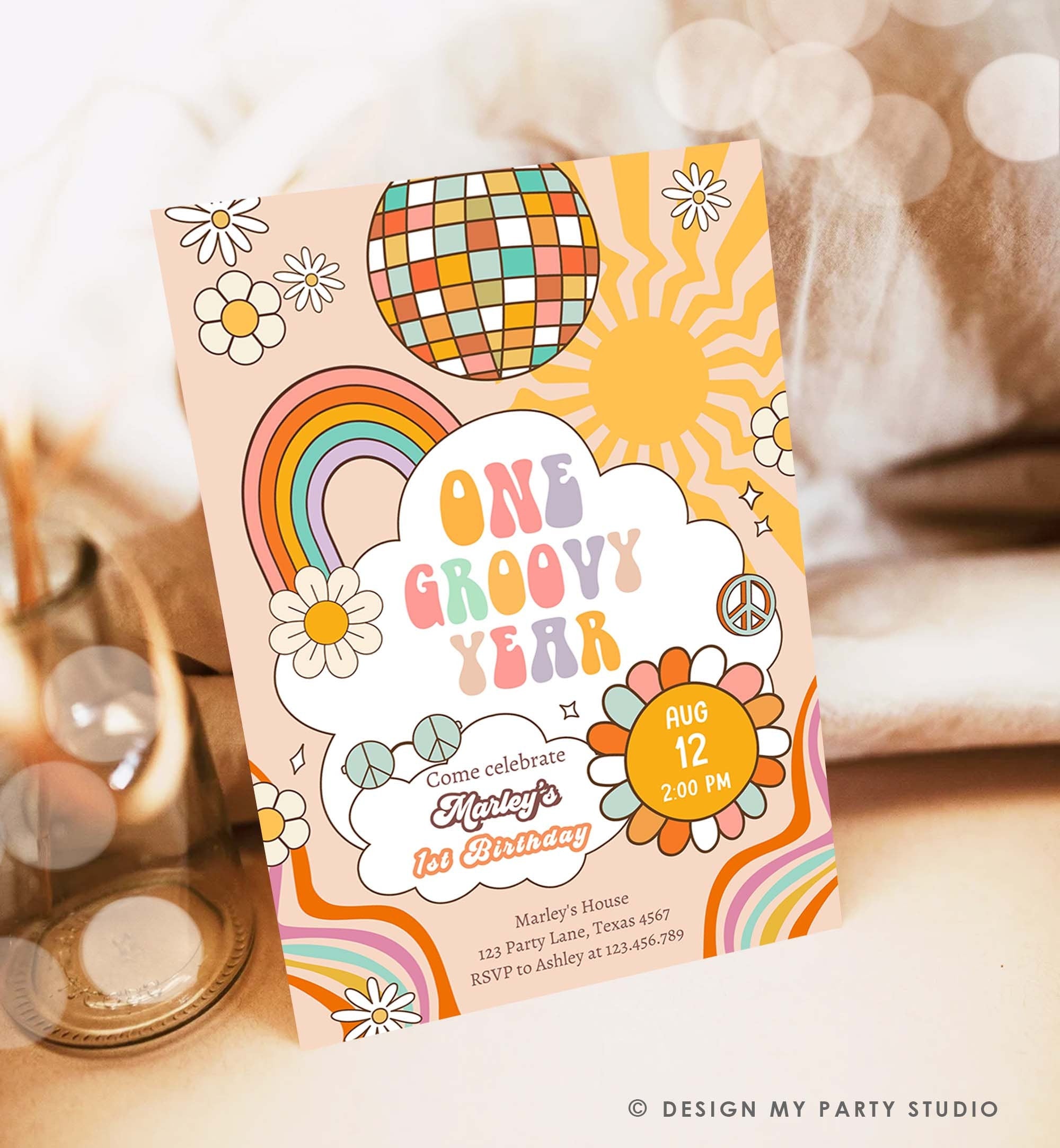 Editable Groovy One Retro 1st Birthday Invitation First Birthday One Groovy Year Invite Peace Love Download Template Corjl Digital 0459