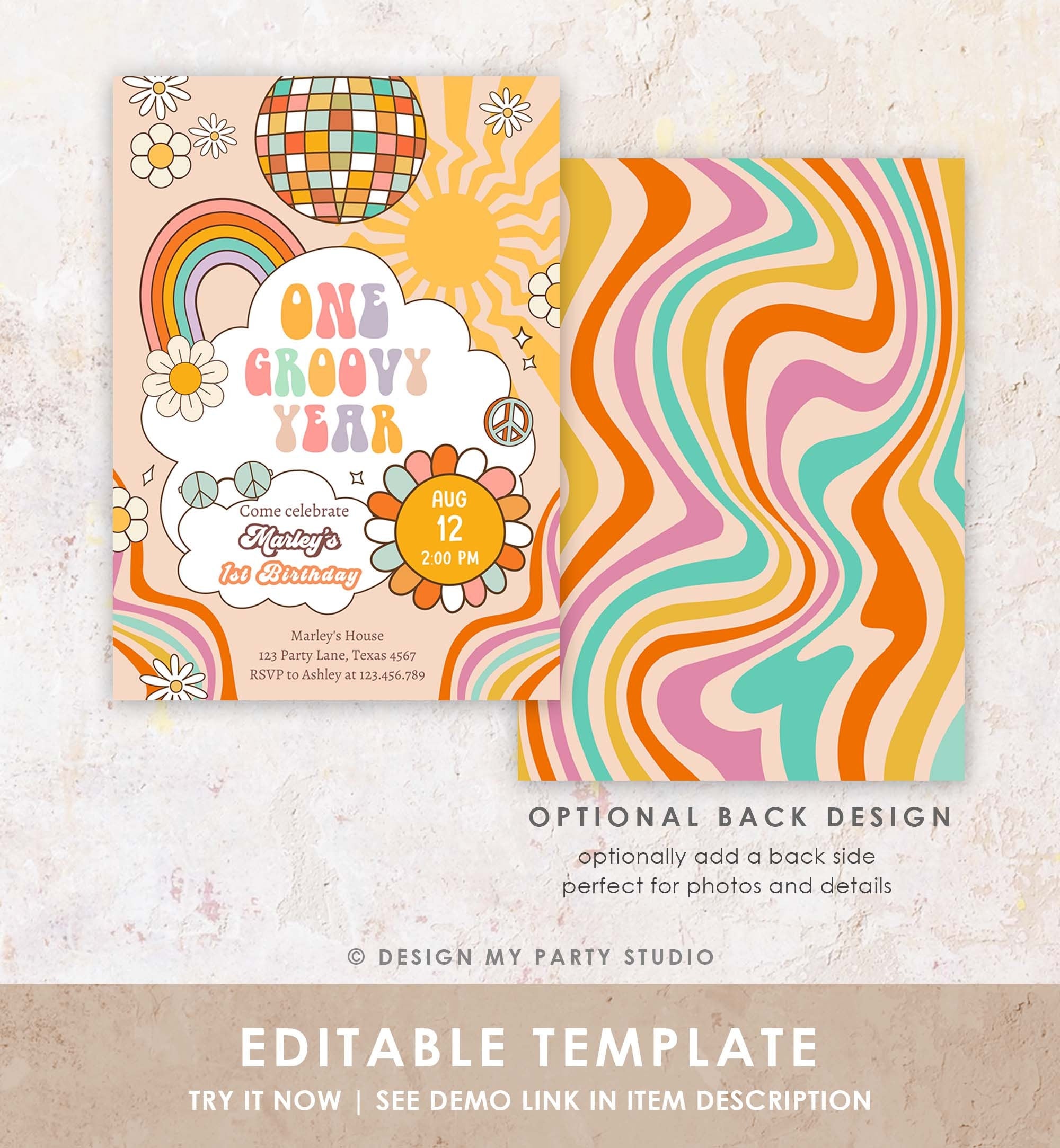 Editable Groovy One Retro 1st Birthday Invitation First Birthday One Groovy Year Invite Peace Love Download Template Corjl Digital 0459