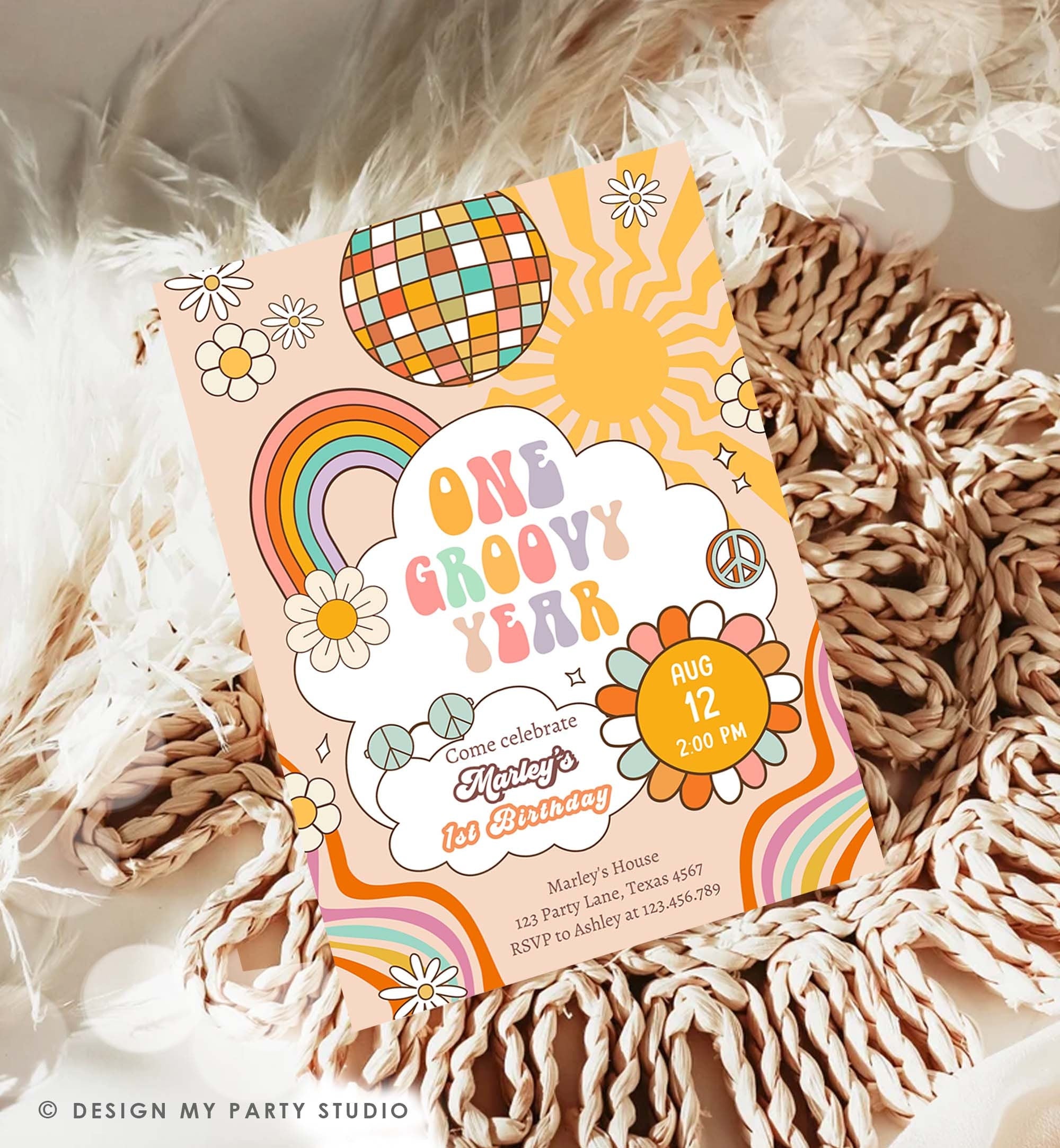 Editable Groovy One Retro 1st Birthday Invitation First Birthday One Groovy Year Invite Peace Love Download Template Corjl Digital 0459