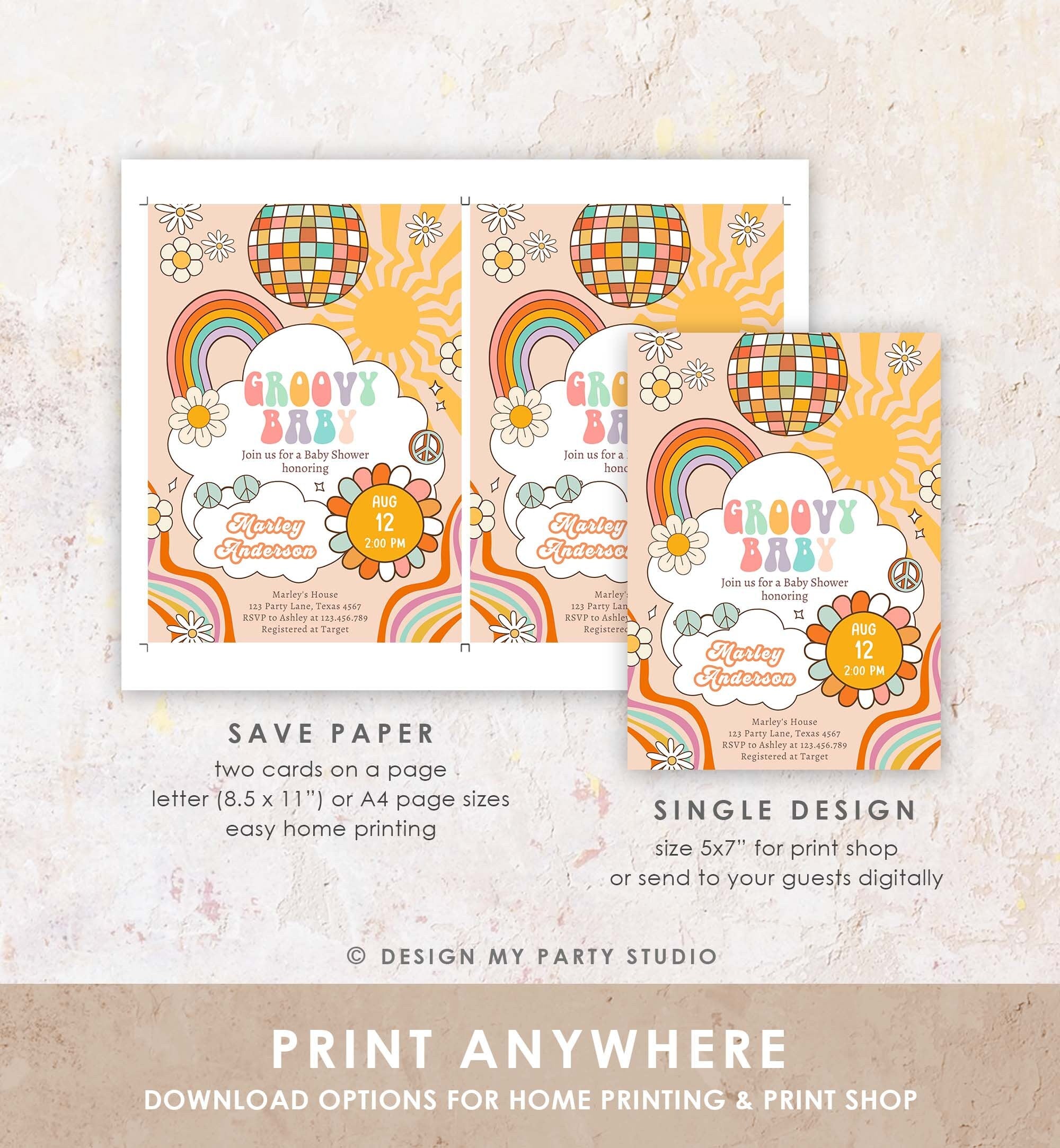 Editable Groovy Baby Retro Baby Shower Invitation Boho Flower Power Hippie 70's Party Peace Love Download Template Corjl Digital 0459