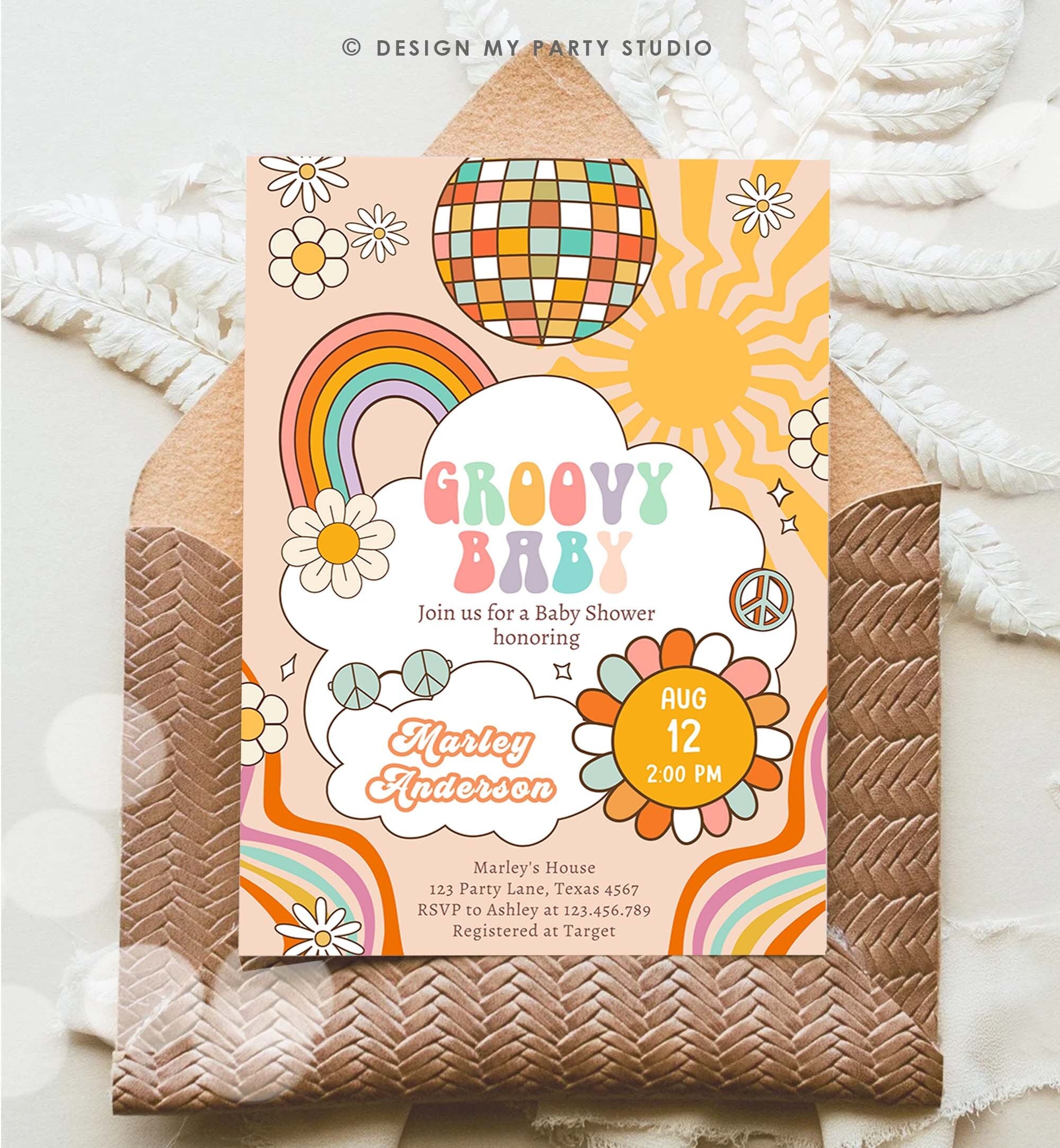 Editable Groovy Baby Retro Baby Shower Invitation Boho Flower Power Hippie 70's Party Peace Love Download Template Corjl Digital 0459