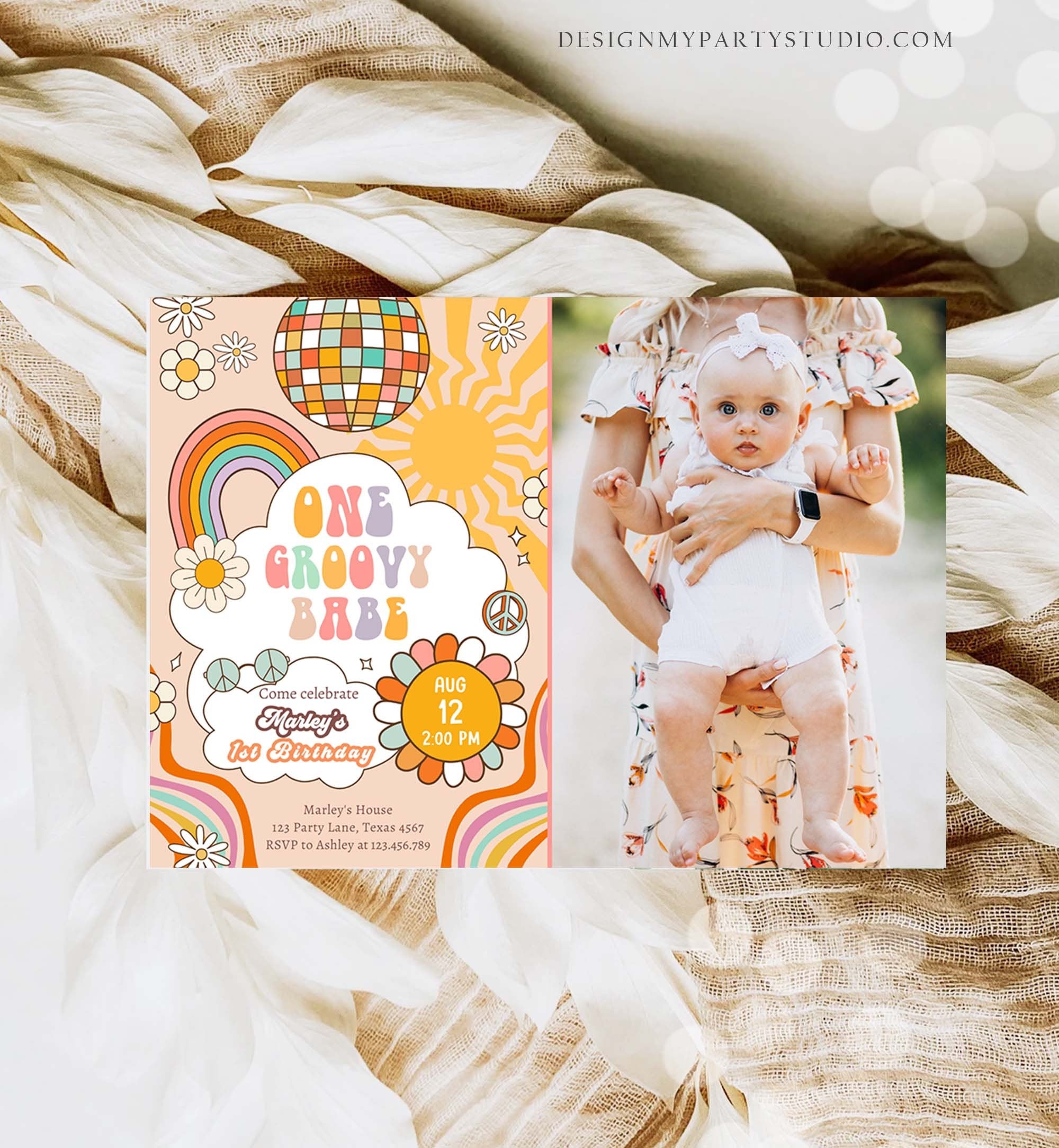 Editable Groovy One Retro 1st Birthday Invitation First Birthday One Groovy Babe Invite Peace Love Download Template Corjl Digital 0459