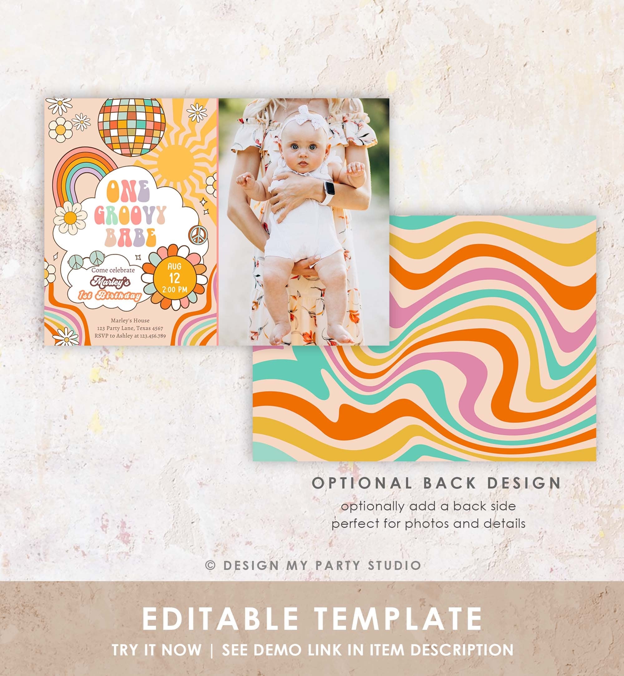 Editable Groovy One Retro 1st Birthday Invitation First Birthday One Groovy Babe Invite Peace Love Download Template Corjl Digital 0459