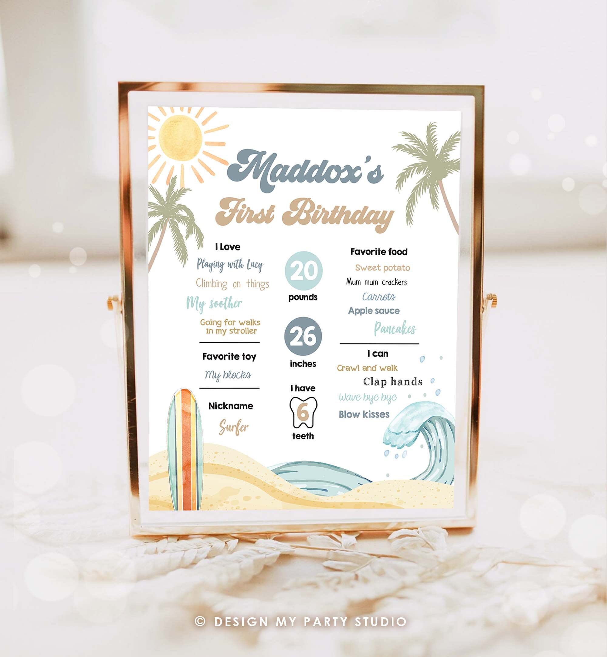 Editable Surf Birthday Milestones Sign Boy Big One Summer Party Surfing Board Groovy Retro Beach 1st Party Template Printable Corjl 0433