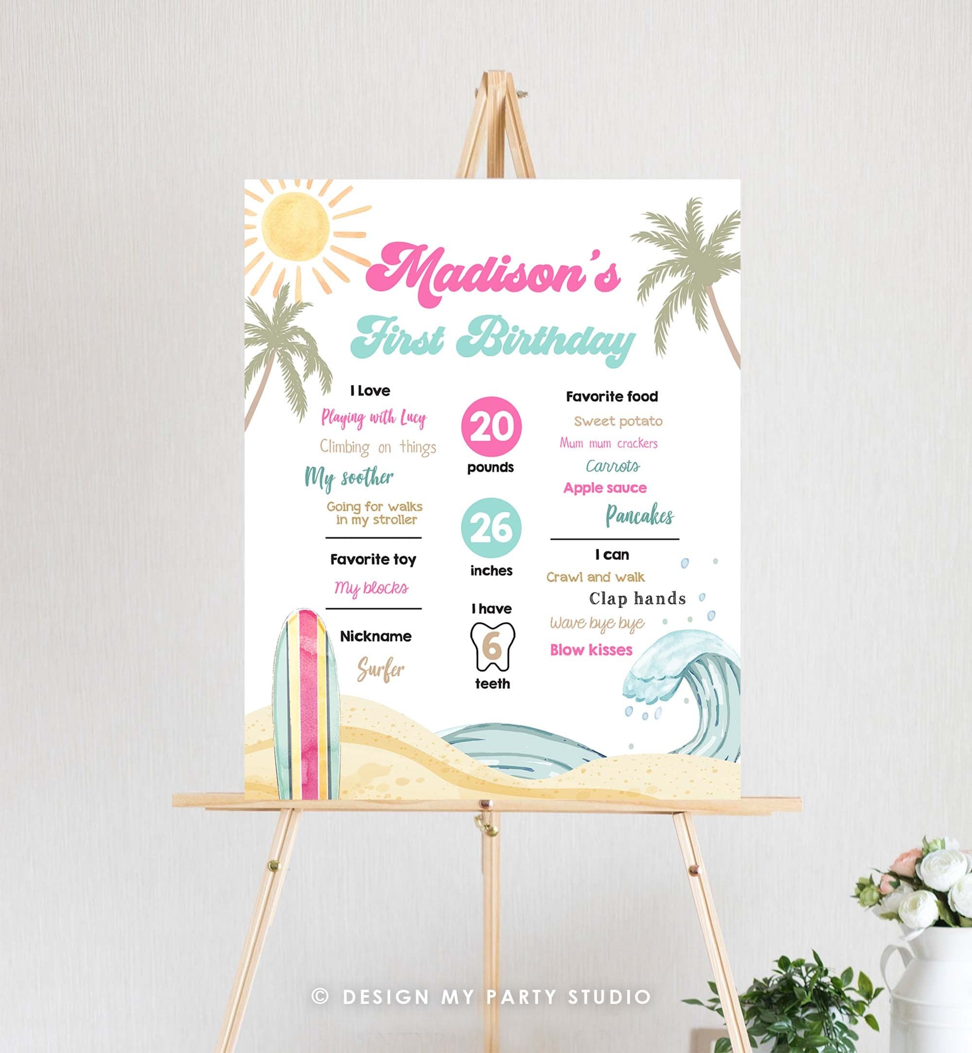 Editable Surf Birthday Milestones Sign Girl Big One Summer Party Surfing Board Groovy Retro Beach 1st Party Template Printable Corjl 0433