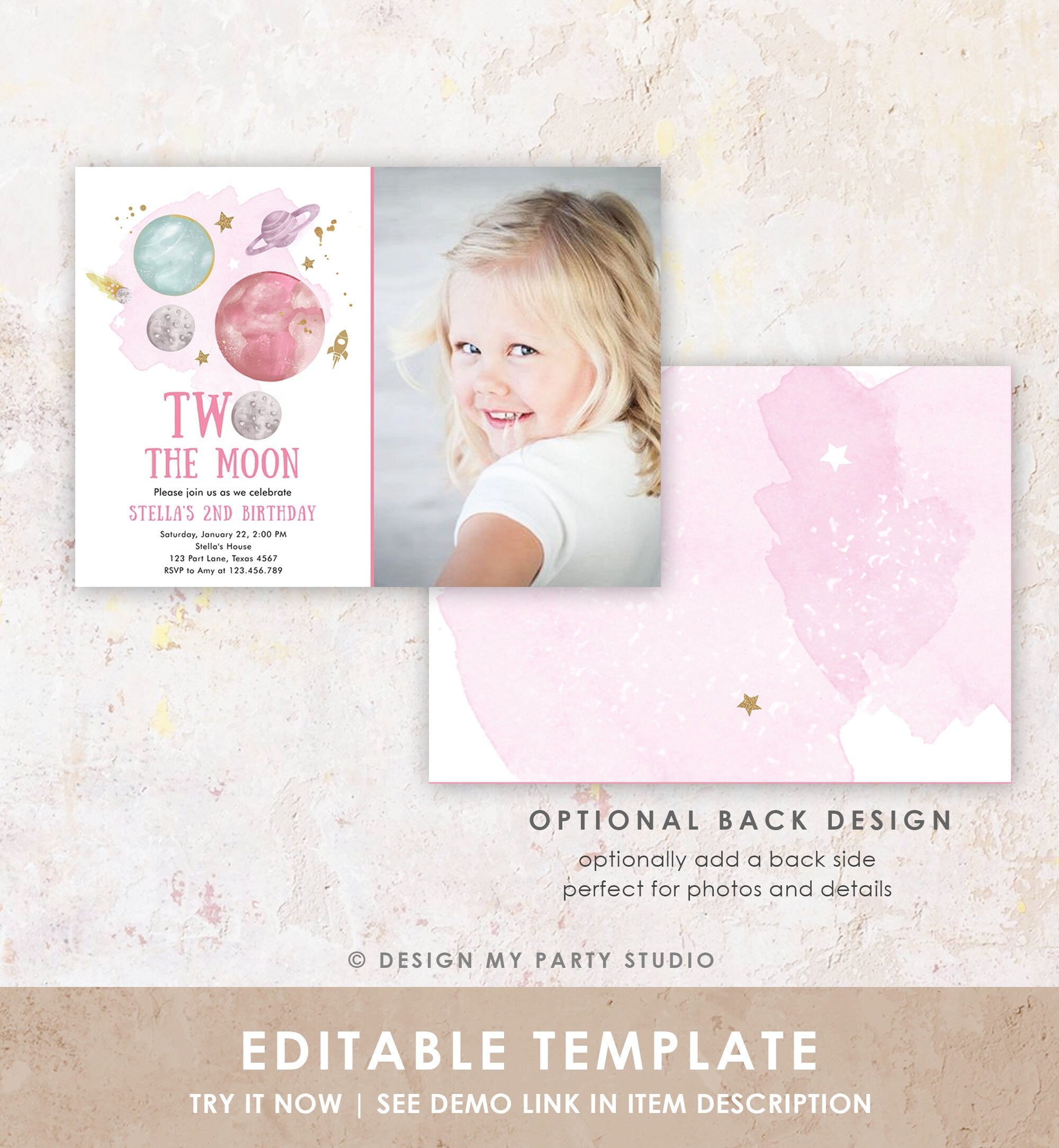 Editable Two the Moon 2nd Second Birthday Invitation Girl Pink Space Two the Moon Galaxy Digital Download Evite Template Printable 0357