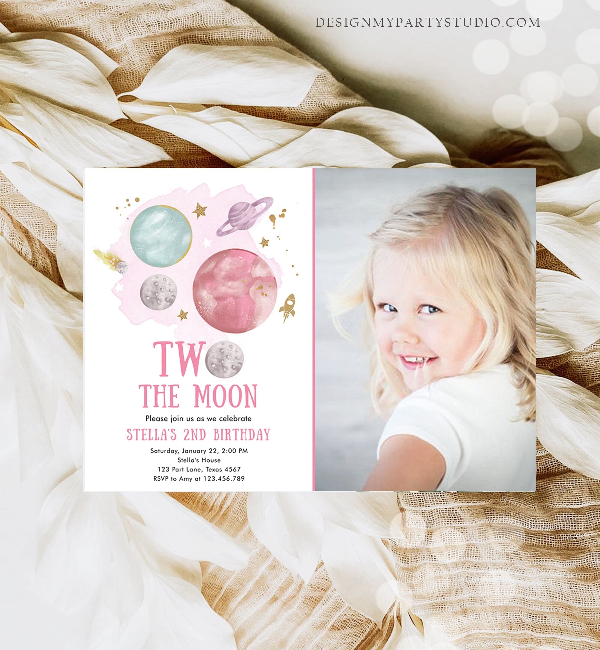 Editable Two the Moon 2nd Second Birthday Invitation Girl Pink Space Two the Moon Galaxy Digital Download Evite Template Printable 0357