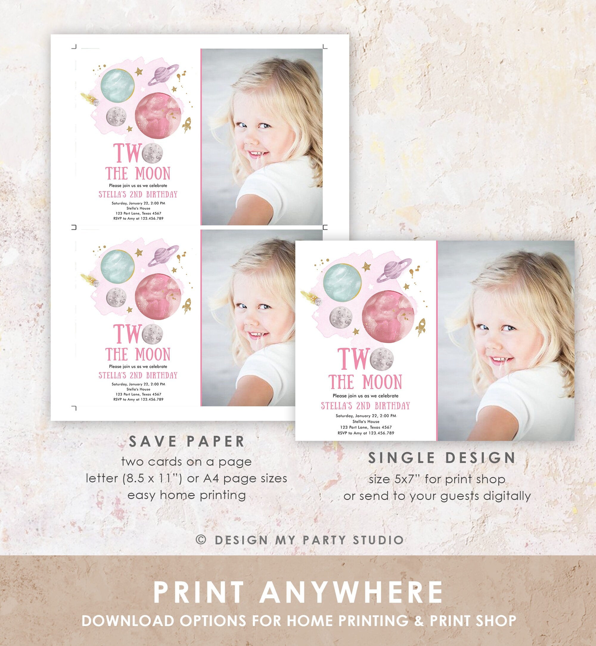 Editable Two the Moon 2nd Second Birthday Invitation Girl Pink Space Two the Moon Galaxy Digital Download Evite Template Printable 0357