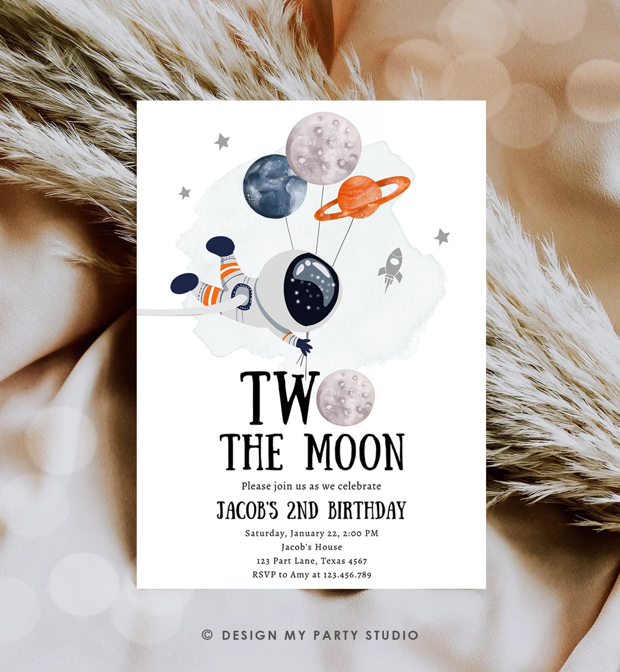 Editable Two the Moon Birthday Invitation Outer Space Boy Second 2nd Out of this World Astronaut Blue Orange Digital Template Printable 0366