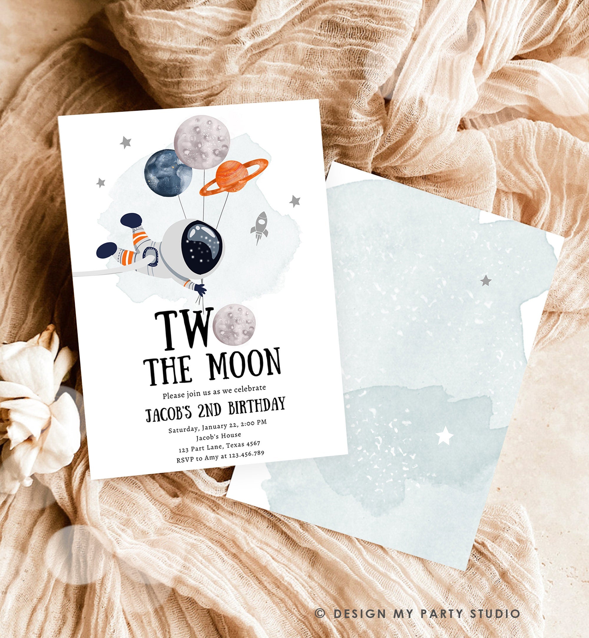 Editable Two the Moon Birthday Invitation Outer Space Boy Second 2nd Out of this World Astronaut Blue Orange Digital Template Printable 0366