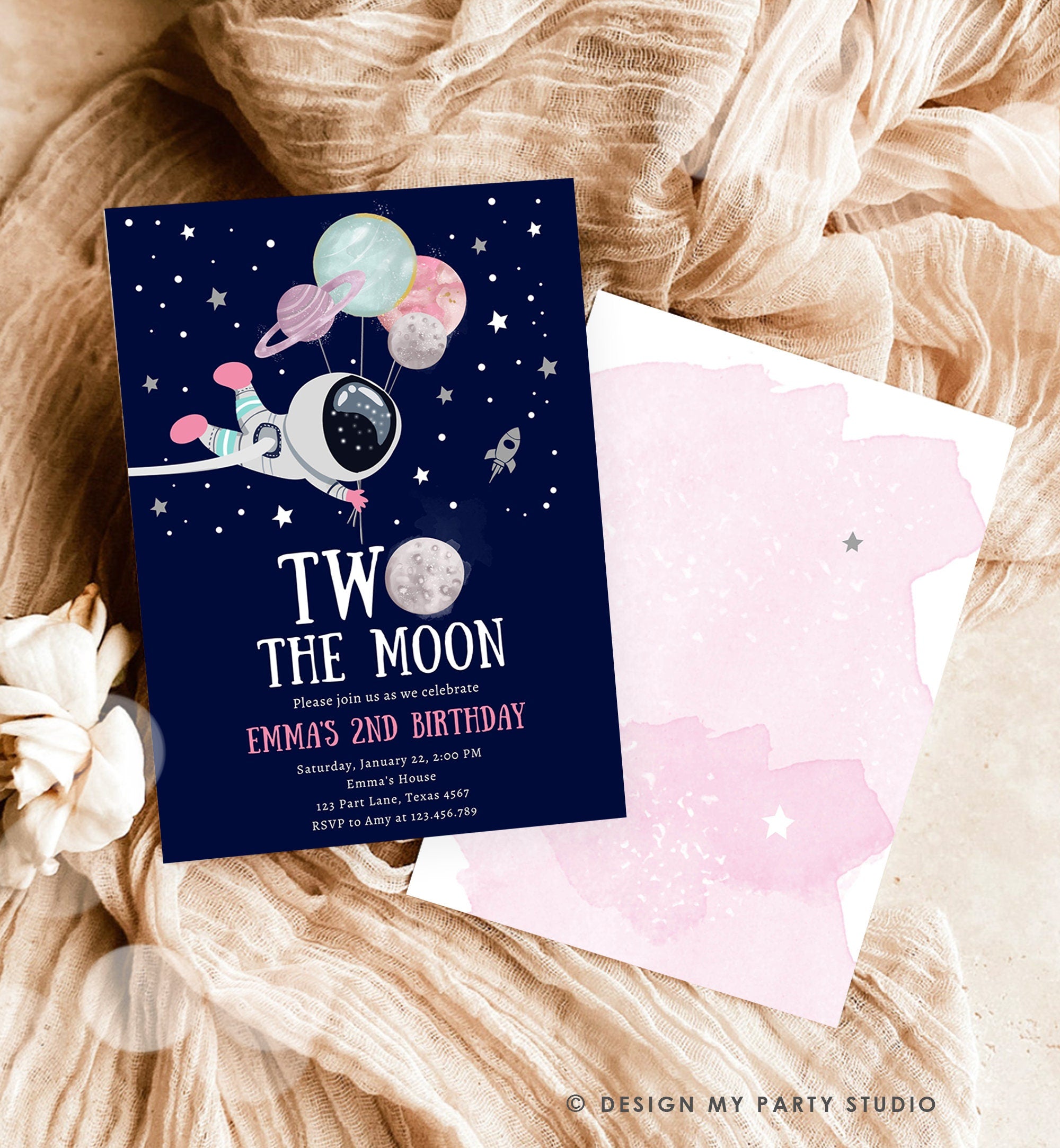 Editable Two the Moon Outer Space Birthday Invitation Out of this World Astronaut Pink Girl Second 2nd Digital Template Evite Printable 0366