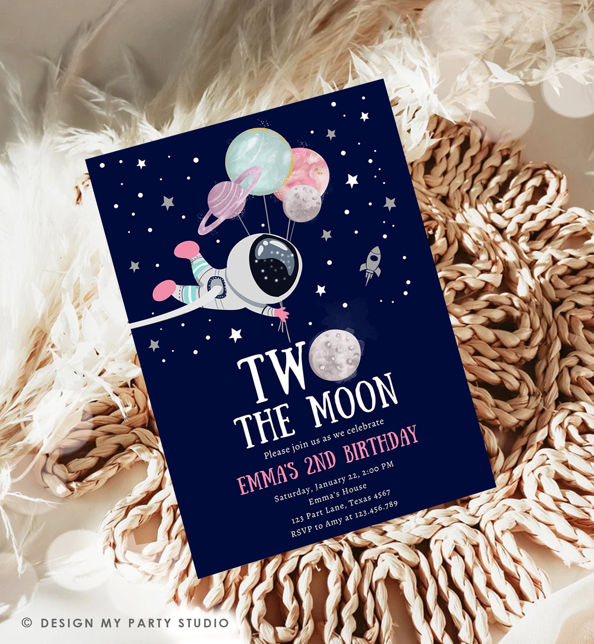 Editable Two the Moon Outer Space Birthday Invitation Out of this World Astronaut Pink Girl Second 2nd Digital Template Evite Printable 0366