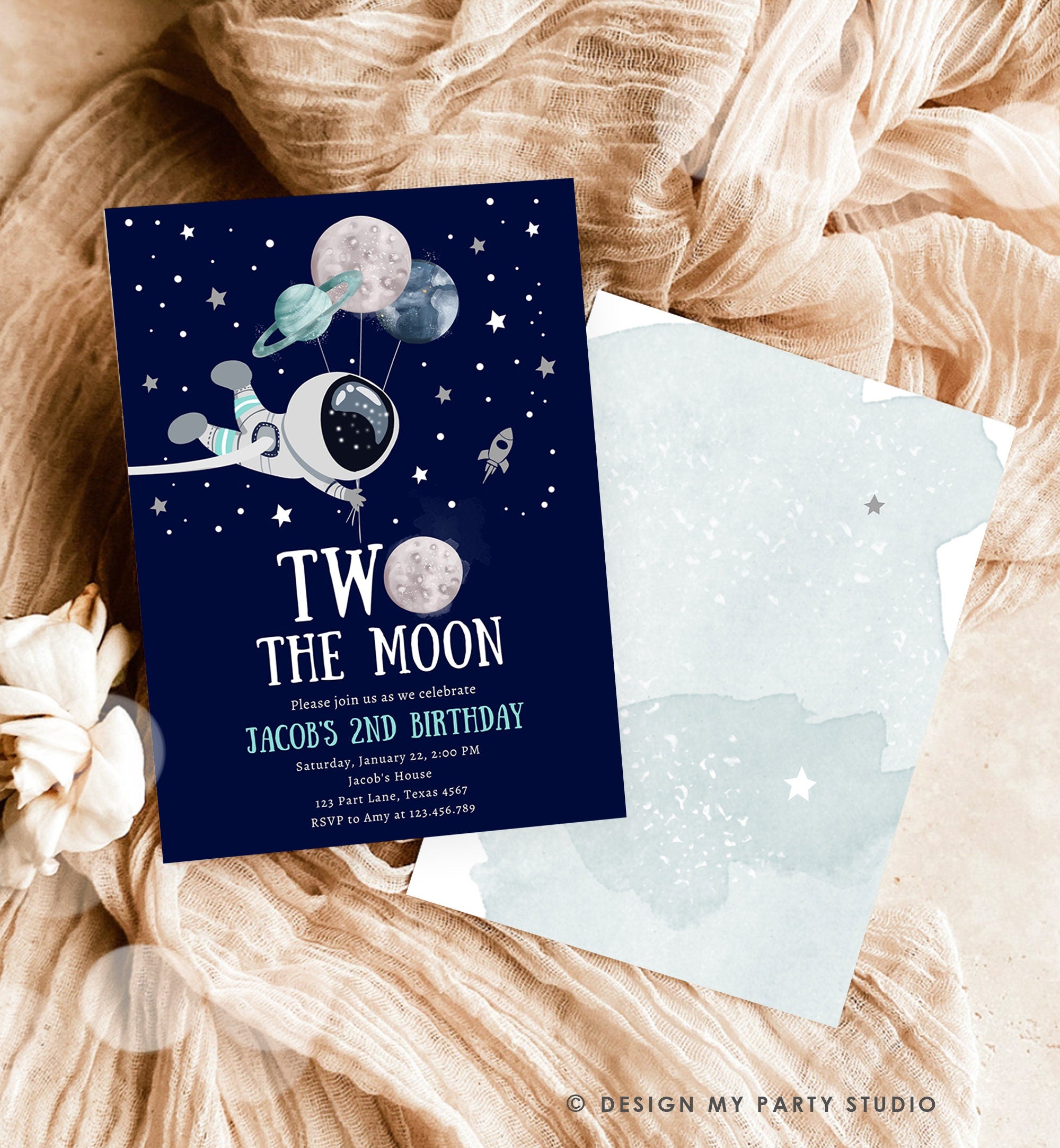 Editable Two the Moon Outer Space Birthday Invitation Out of this World Astronaut Blue Silver Boy Second 2nd Corjl Template Printable 0366