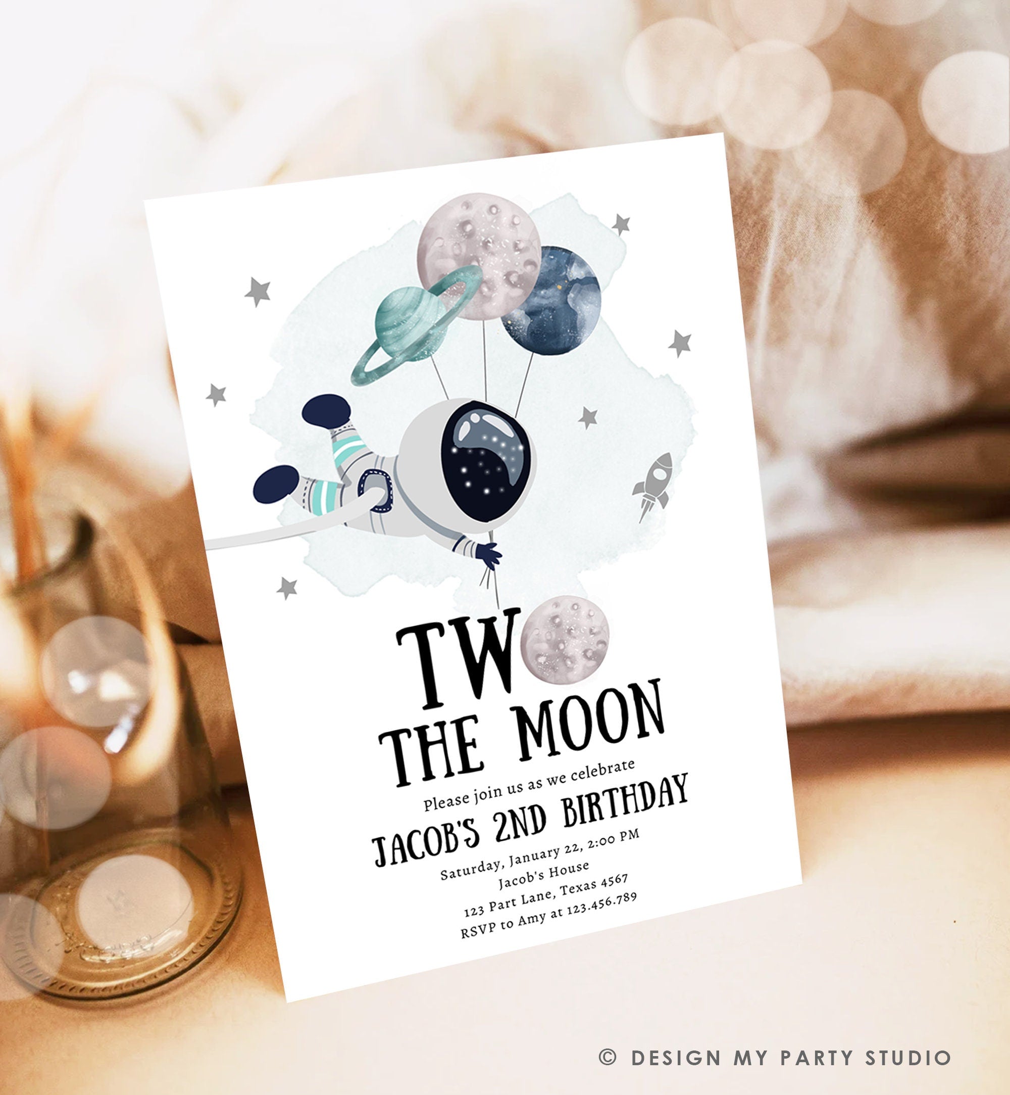 Editable Two the Moon Outer Space Birthday Invitation Out of this World Astronaut Blue Silver Boy Second 2nd Evite Template Printable 0366