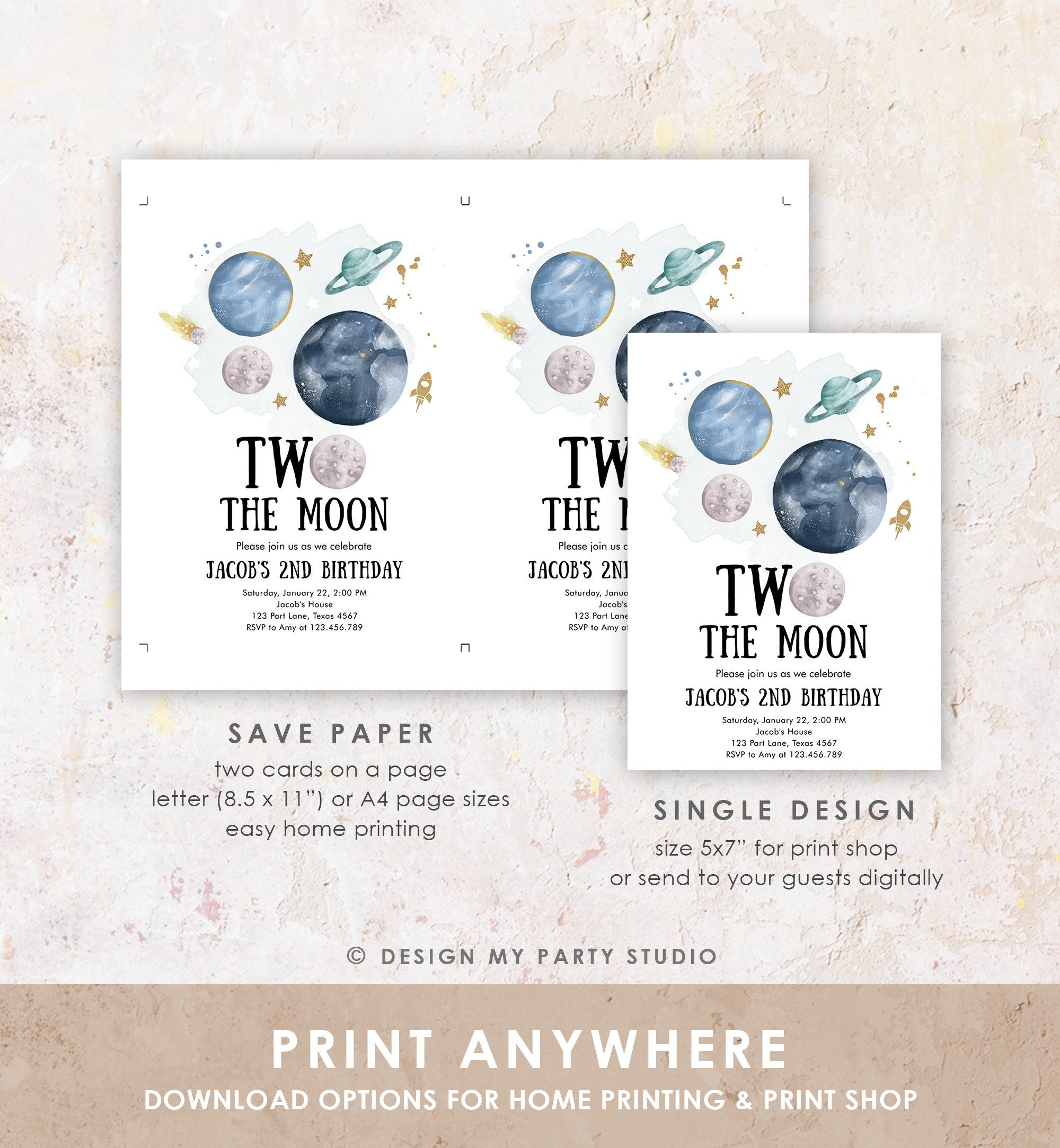 Editable Two the Moon 2nd Second Birthday Invitation Space Planets Rocket Astronaut Galaxy Digital Download Corjl Template Printable 0357