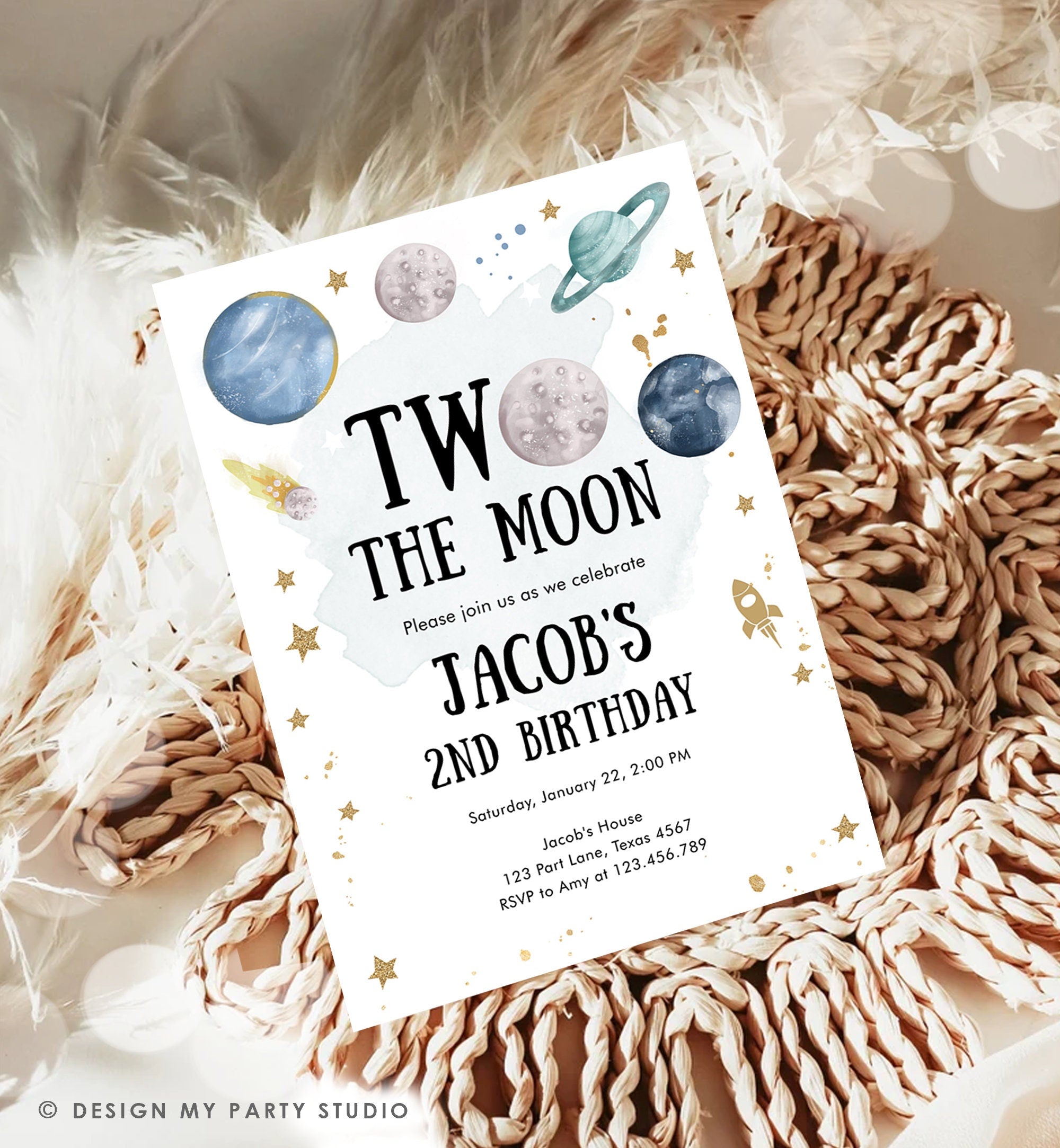 Editable Two the Moon Second Birthday Invitation Space Astronaut Planets Galaxy 2nd Boy Digital Download Corjl Template Printable0357