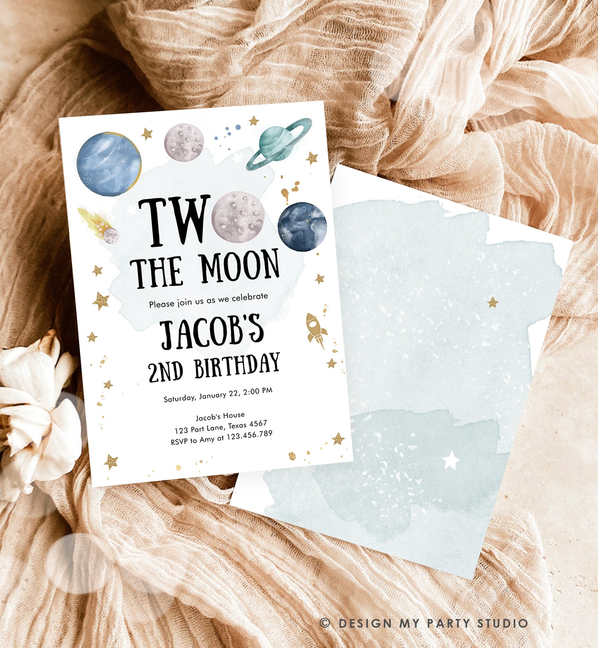 Editable Two the Moon Second Birthday Invitation Space Astronaut Planets Galaxy 2nd Boy Digital Download Corjl Template Printable0357