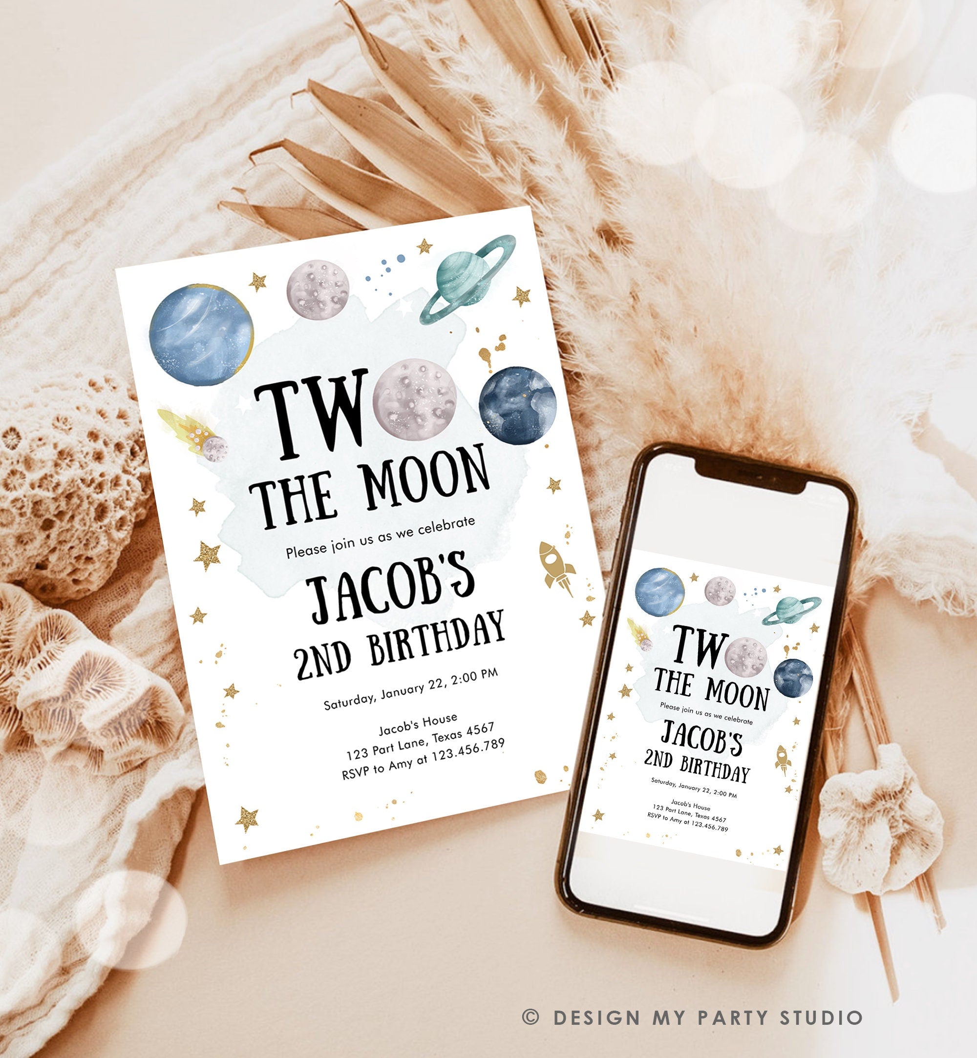 Editable Two the Moon Second Birthday Invitation Space Astronaut Planets Galaxy 2nd Boy Digital Download Corjl Template Printable0357