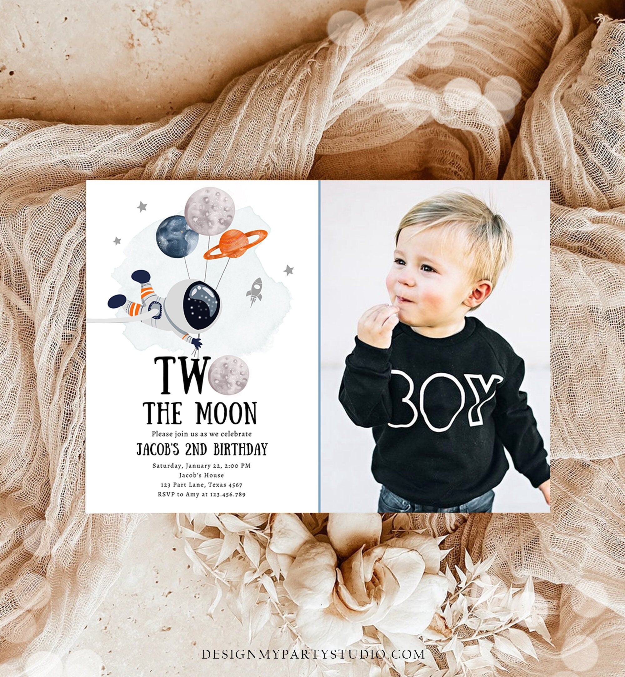 Editable Two the Moon Outer Space Birthday Invitation Out of this World Astronaut Blue Orange Boy Second 2nd Corjl Template Printable 0366