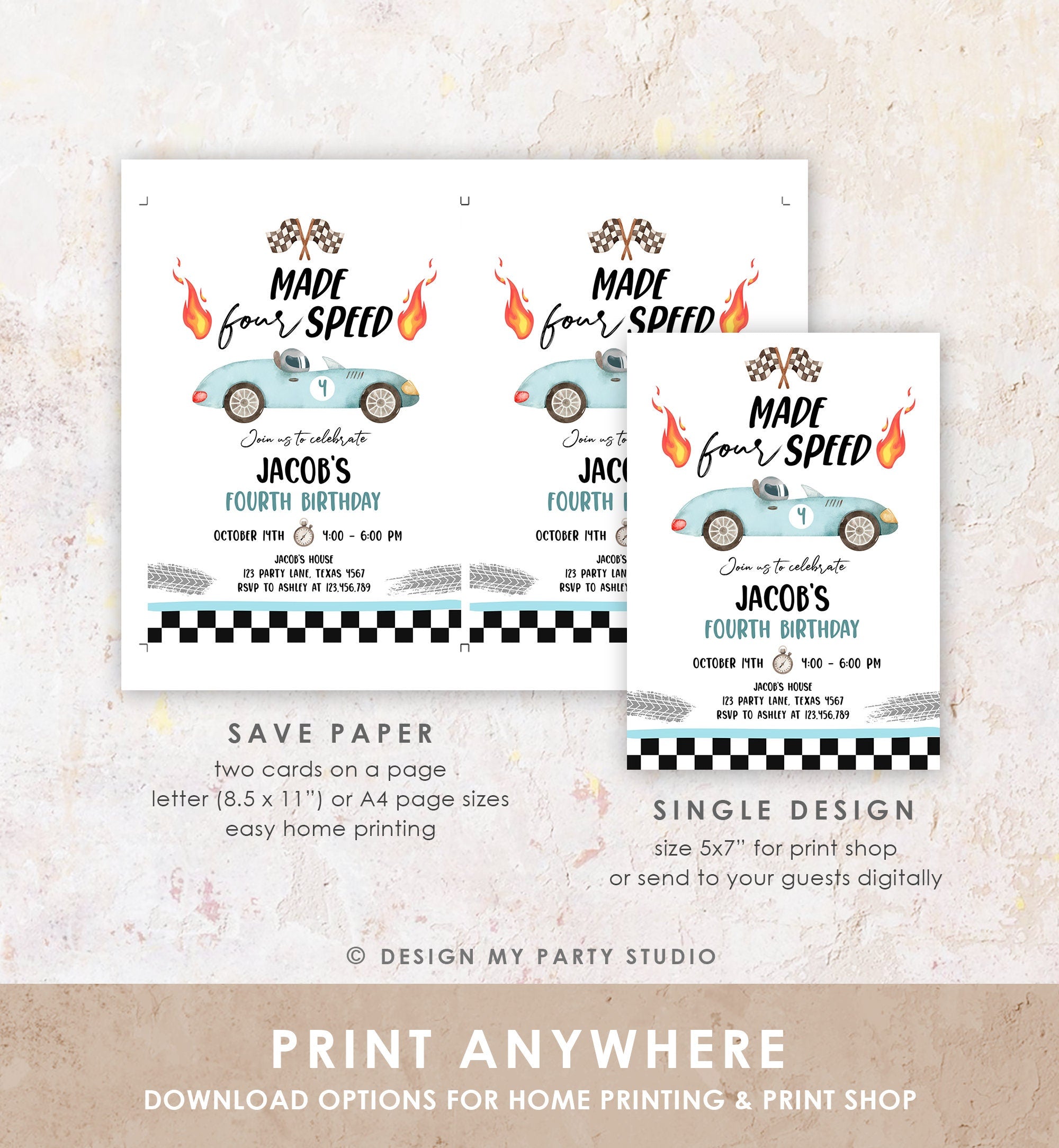 Editable Made Four Speed Race Car Fourth Birthday Invitation Boy Blue 4th Birthday Racing Party Made 4 Speed Corjl Template Printable 0424