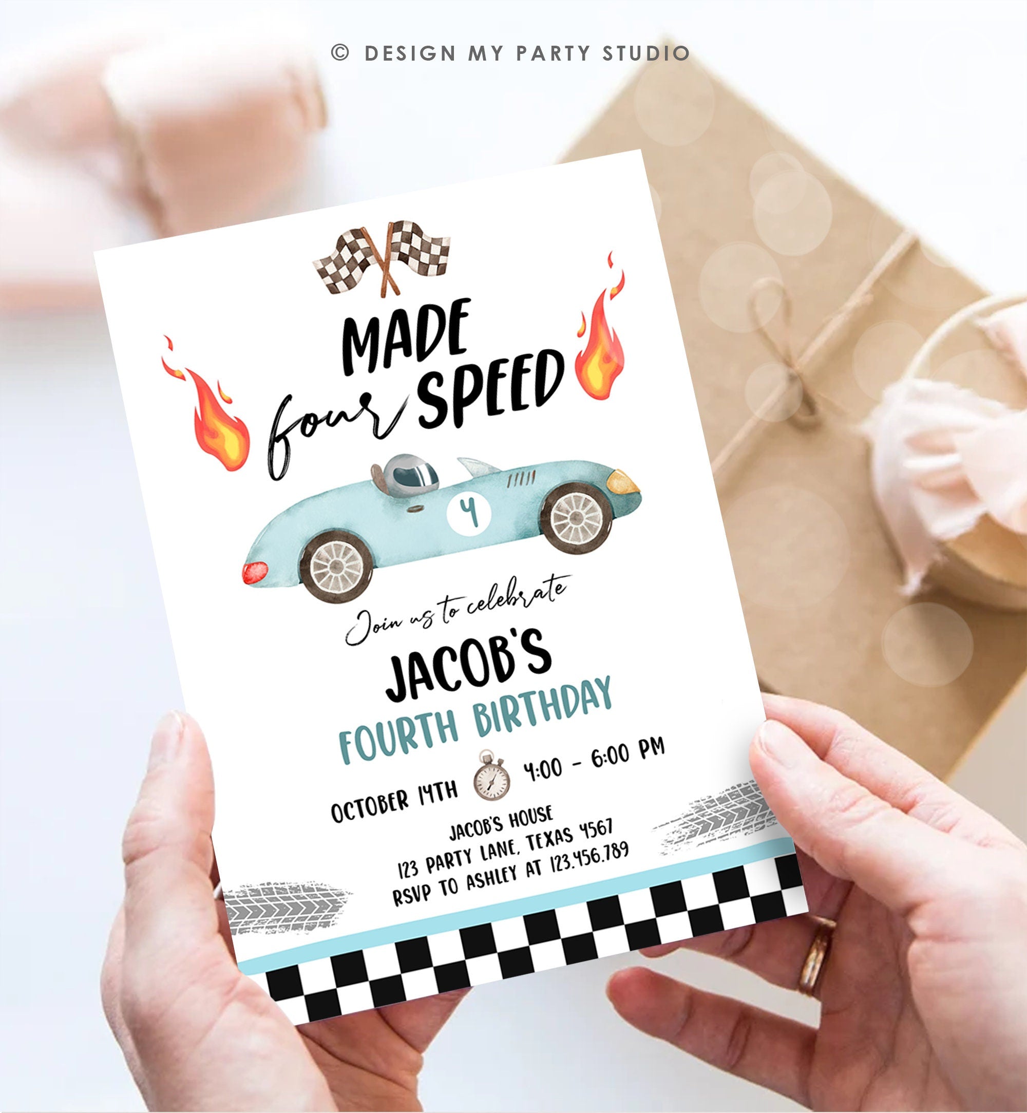 Editable Made Four Speed Race Car Fourth Birthday Invitation Boy Blue 4th Birthday Racing Party Made 4 Speed Corjl Template Printable 0424