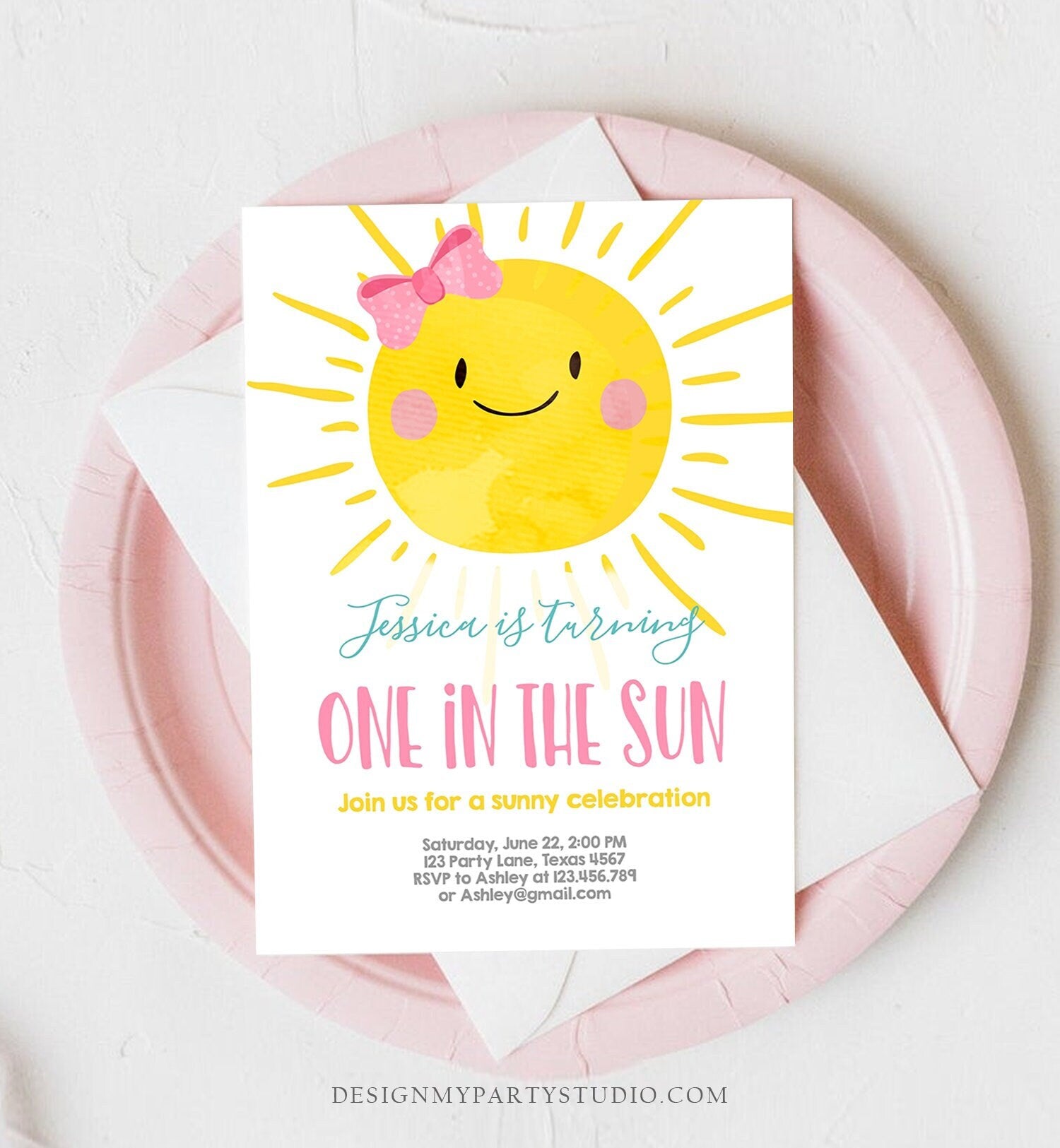 Editable One in the Sun Sunshine Birthday Invitation Summer Sunshine Party First Birthday Party Pink Girl Bow Download Corjl Template 0141