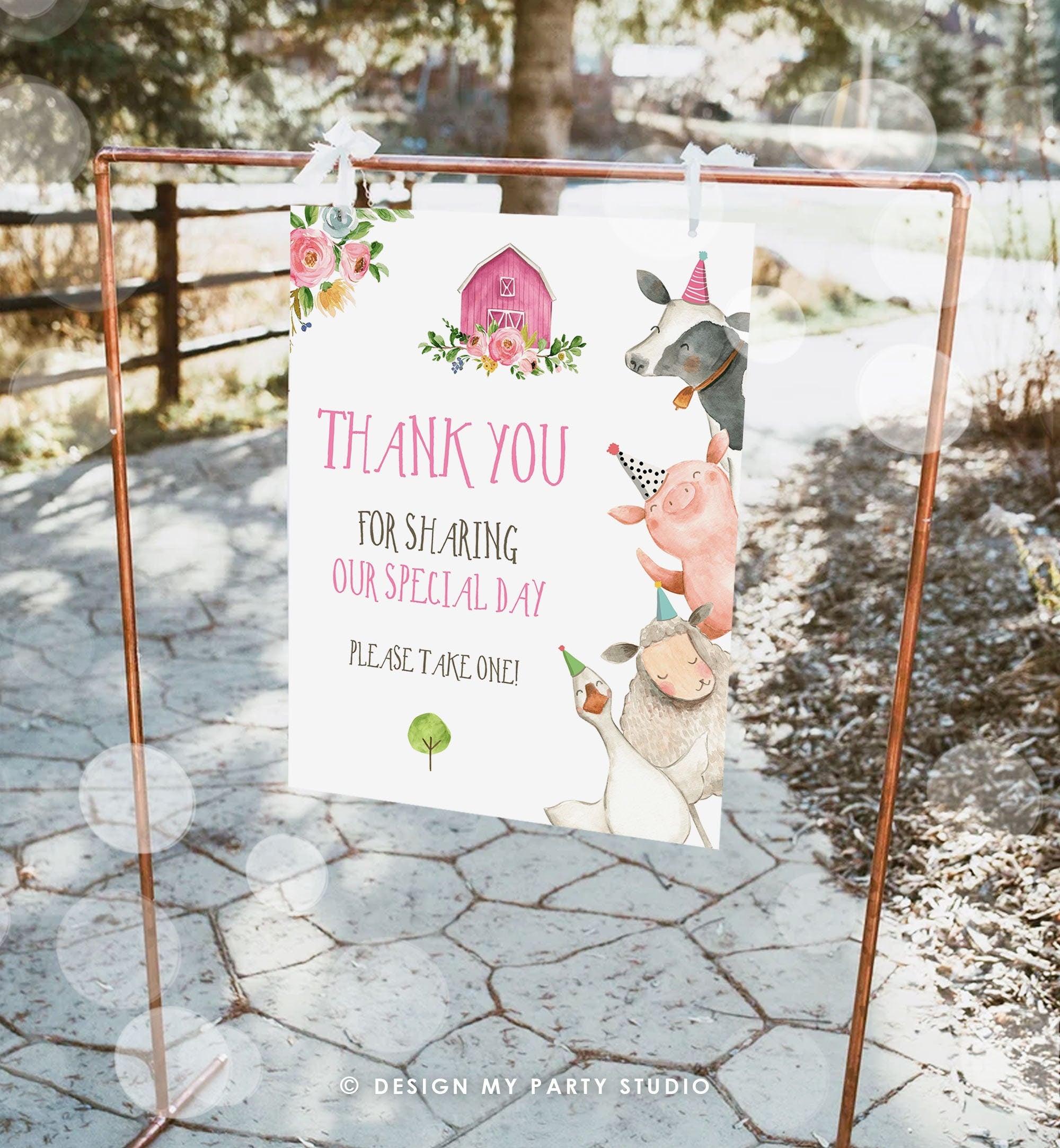 Editable Pink Farm Birthday Thank You Sign Girl Barnyard Party Animals Poster Farm Animals Decor Digital Download Template Printable 0155