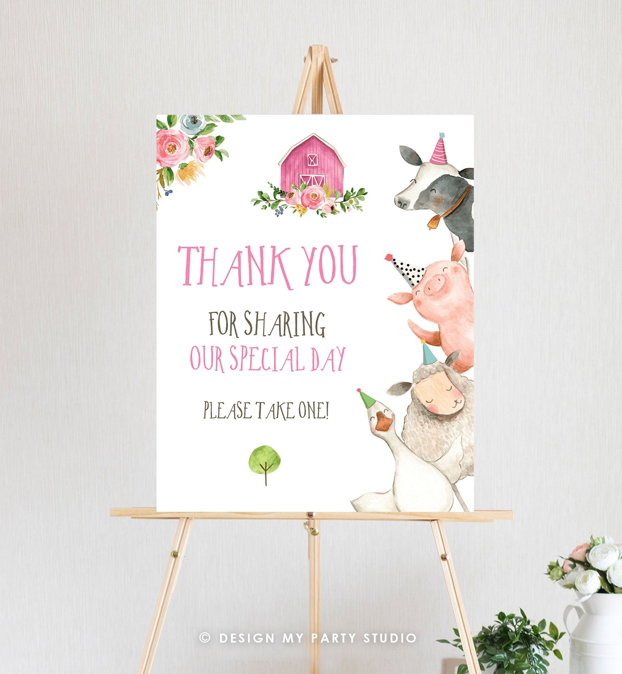 Editable Pink Farm Birthday Thank You Sign Girl Barnyard Party Animals Poster Farm Animals Decor Digital Download Template Printable 0155