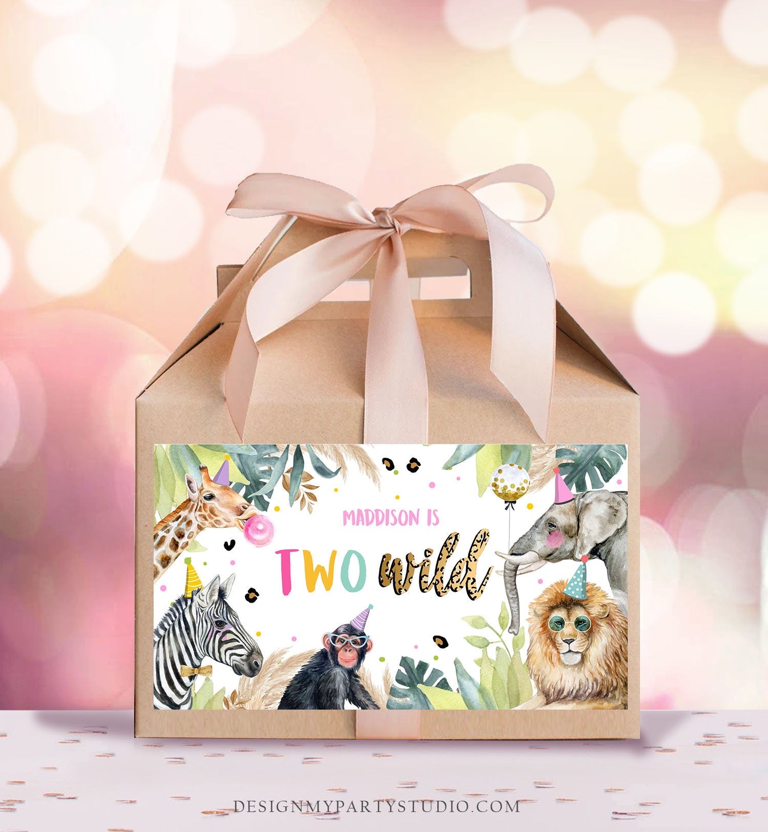 Editable Safari Animals Birthday Gable Gift Box Labels Party Animals Gold Pink Two Wild Birthday Zoo Jungle Girl Download Digital Corjl 0417